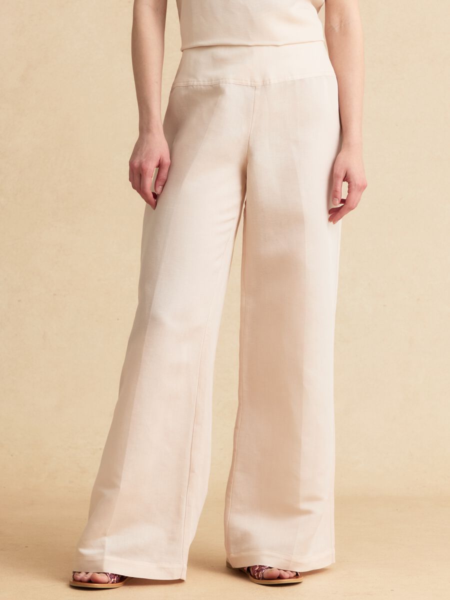 Pink linen-viscose blend wide-leg trousers with side zip fastening_1