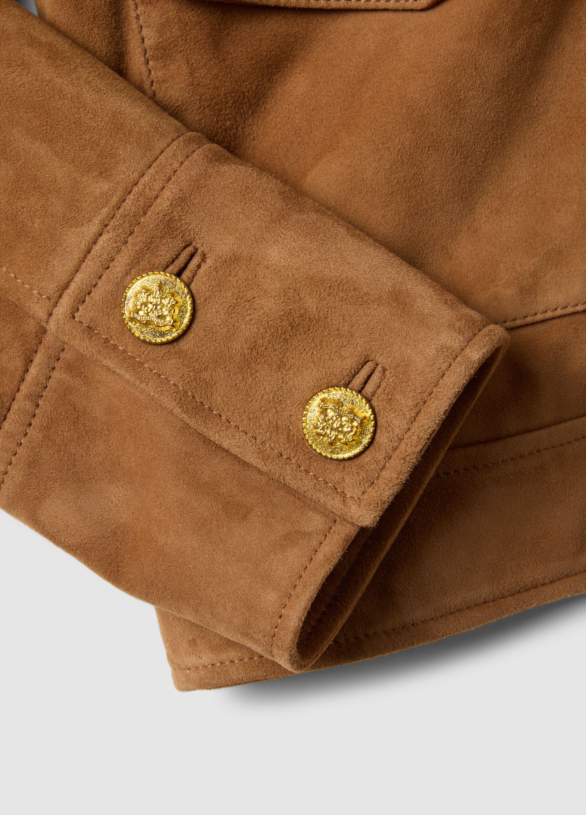 Regular fit brown genuine leather jacket with buttons