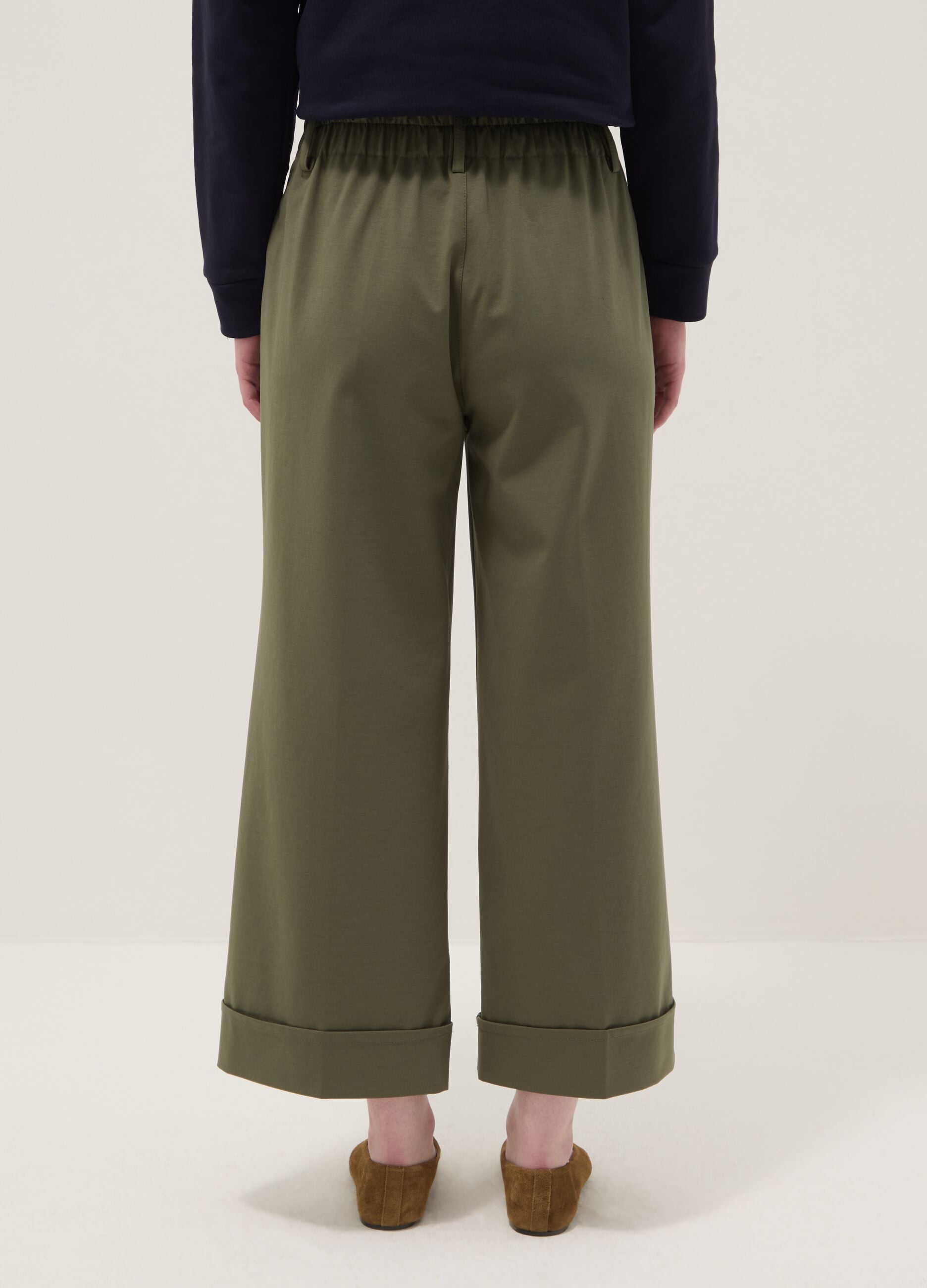 Green stretchy cotton blend wide leg trousers regular fit
