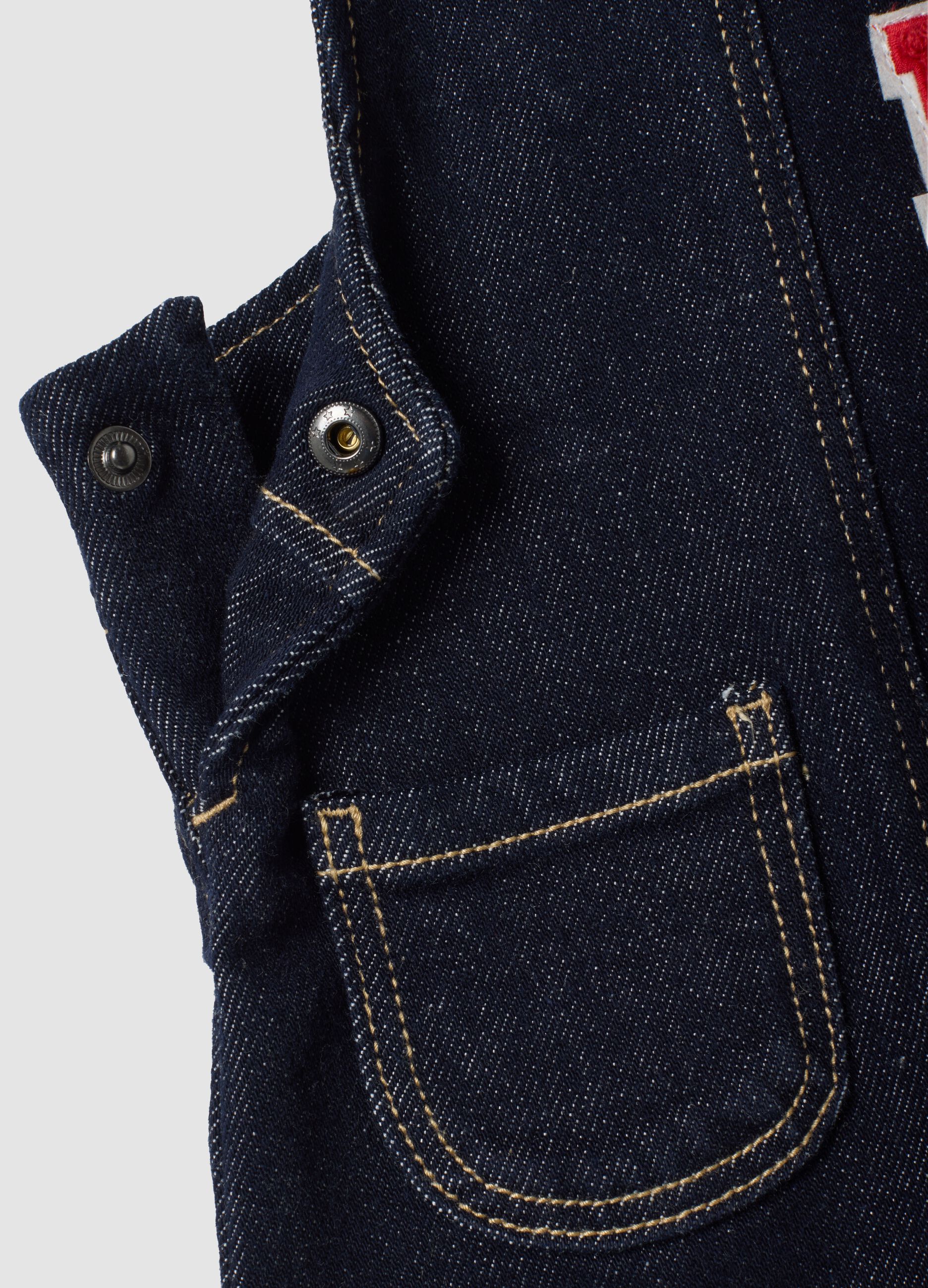 Blue stretch cotton dungarees with teddy bear embroidery for baby