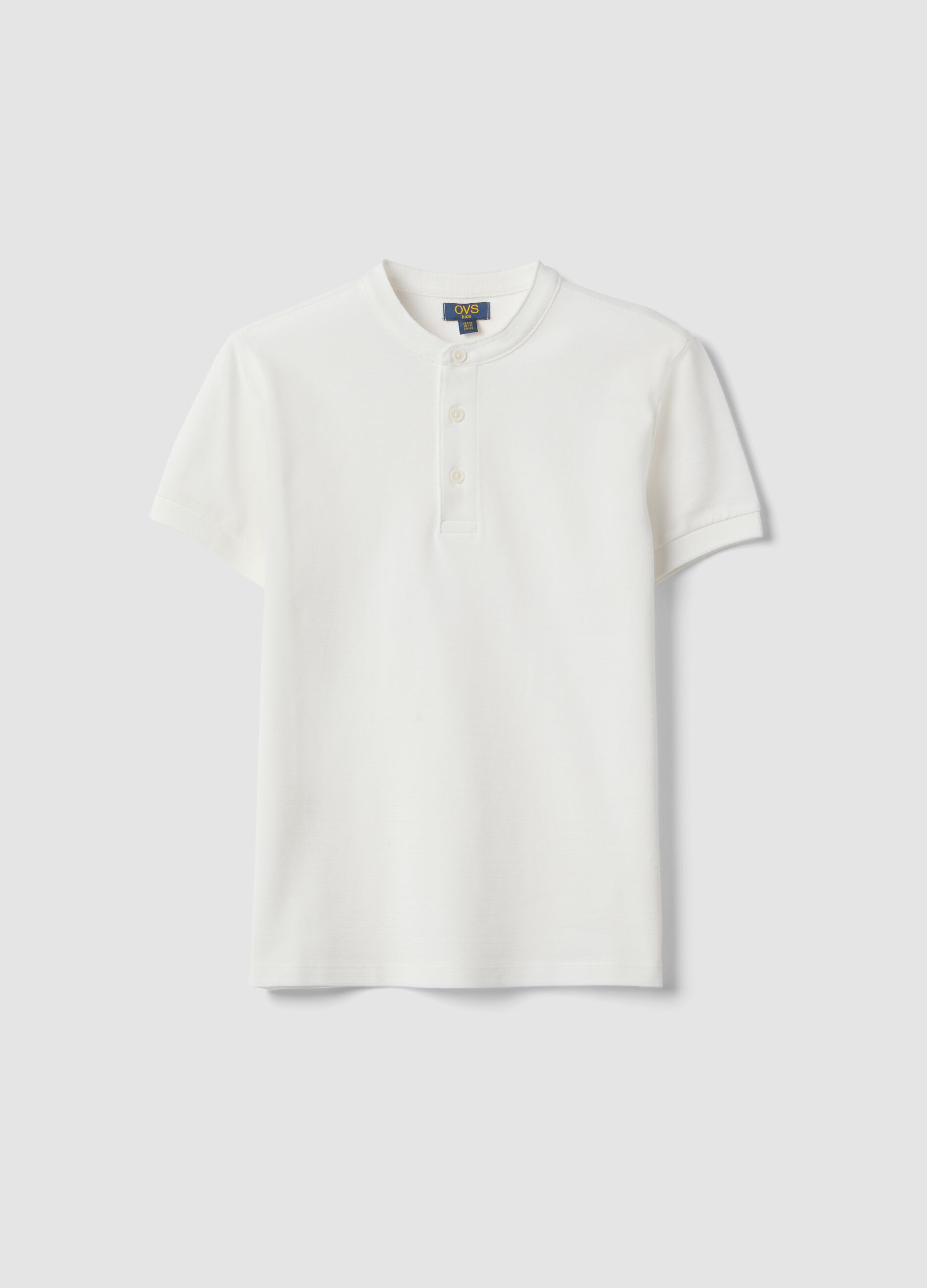 Boys' white pure cotton polo shirt, regular fit with mandarin collar