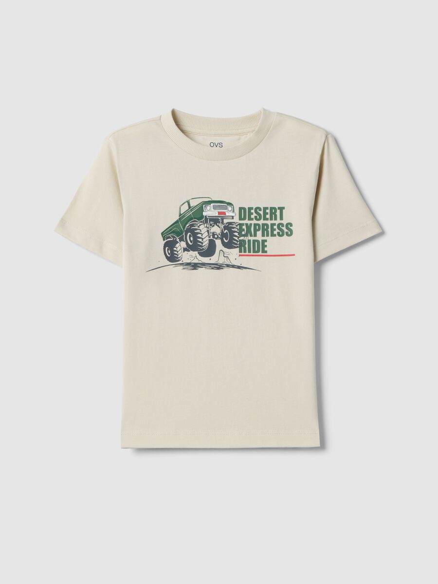 Beige regular fit pure cotton T-shirt for children with print_0