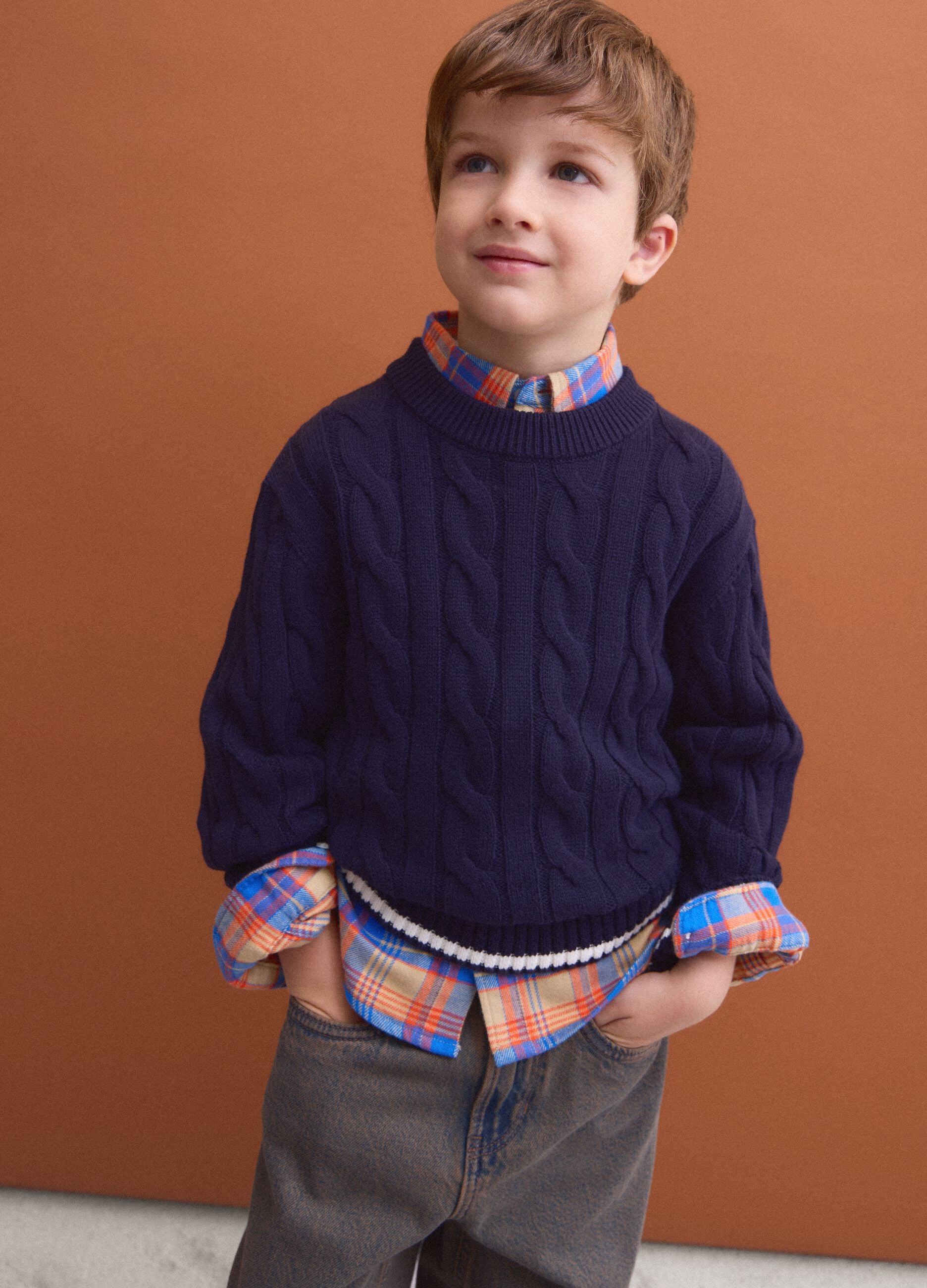 Blue pure cotton cable-knit oversized jumper for boys