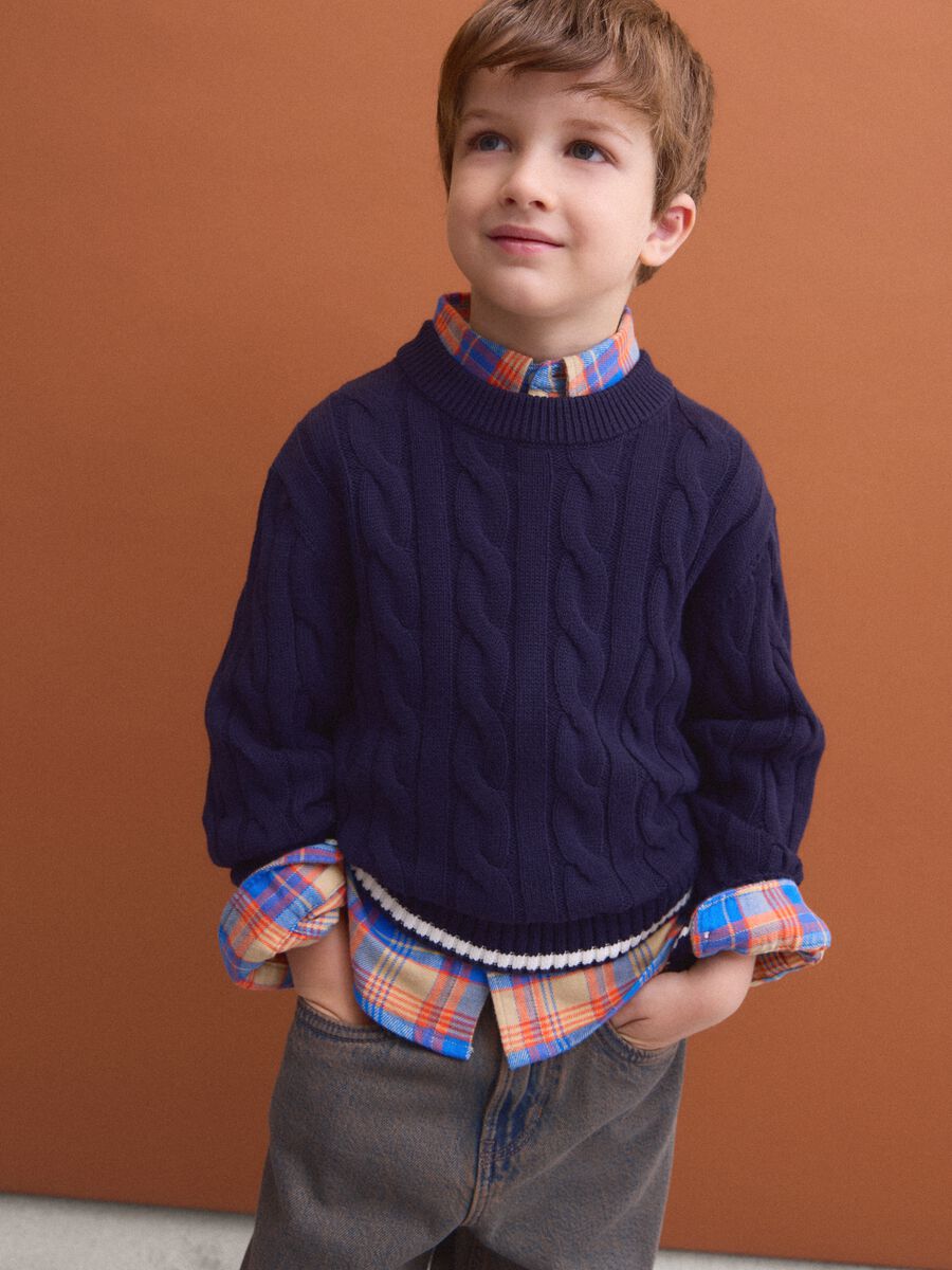 Blue pure cotton cable-knit oversized jumper for boys_1
