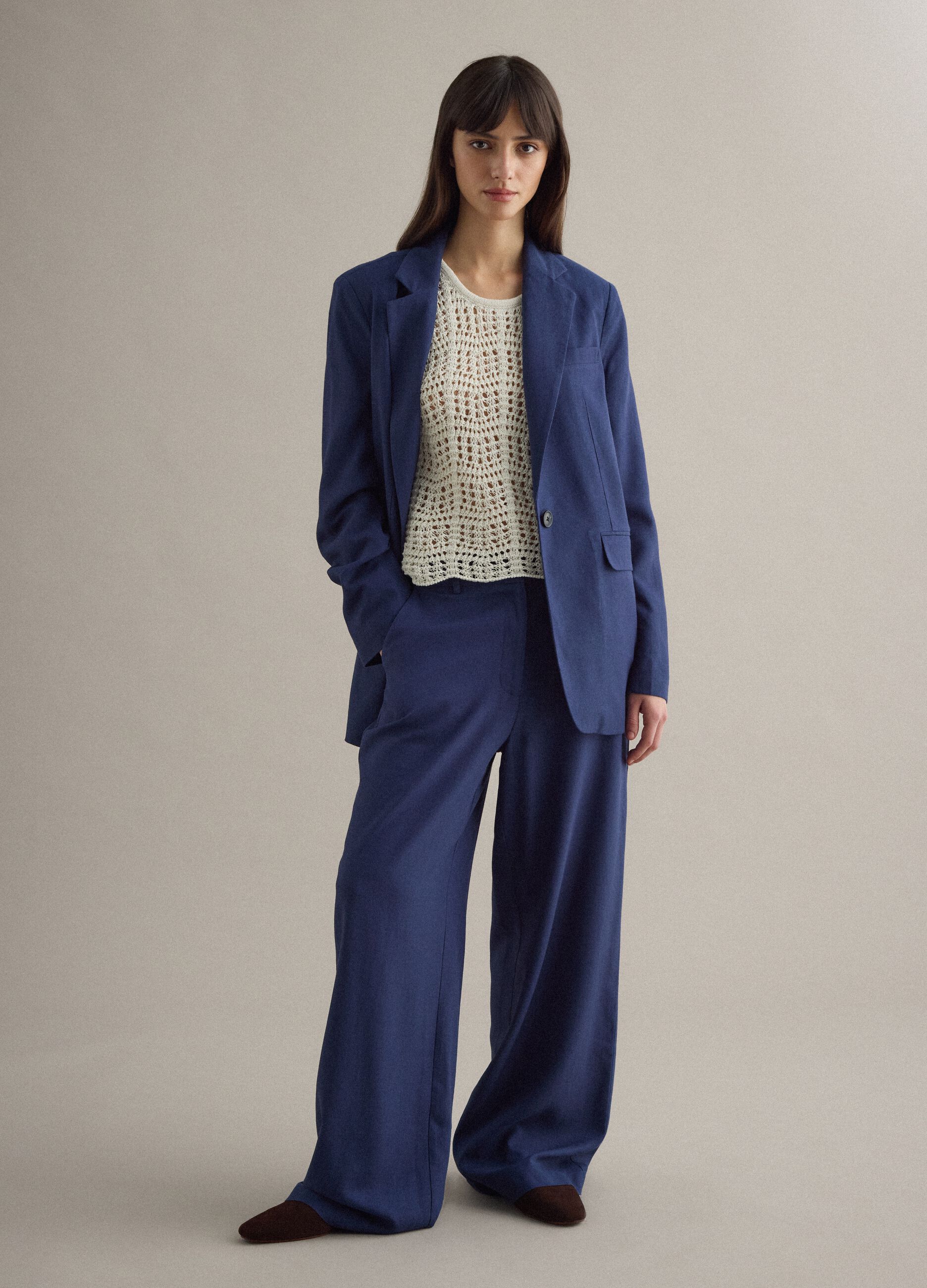 Straight blue regular fit viscose and linen blend chino trousers