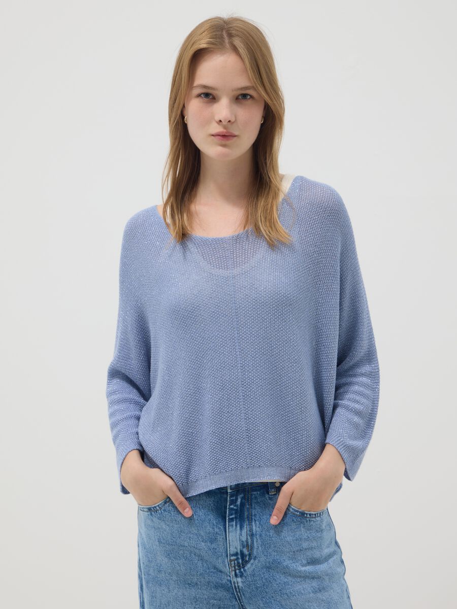 Light blue viscose and linen blend V-neck jumper_1