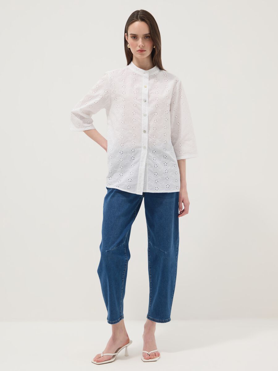 White pure cotton broderie anglaise shirt with band collar, regular fit_2