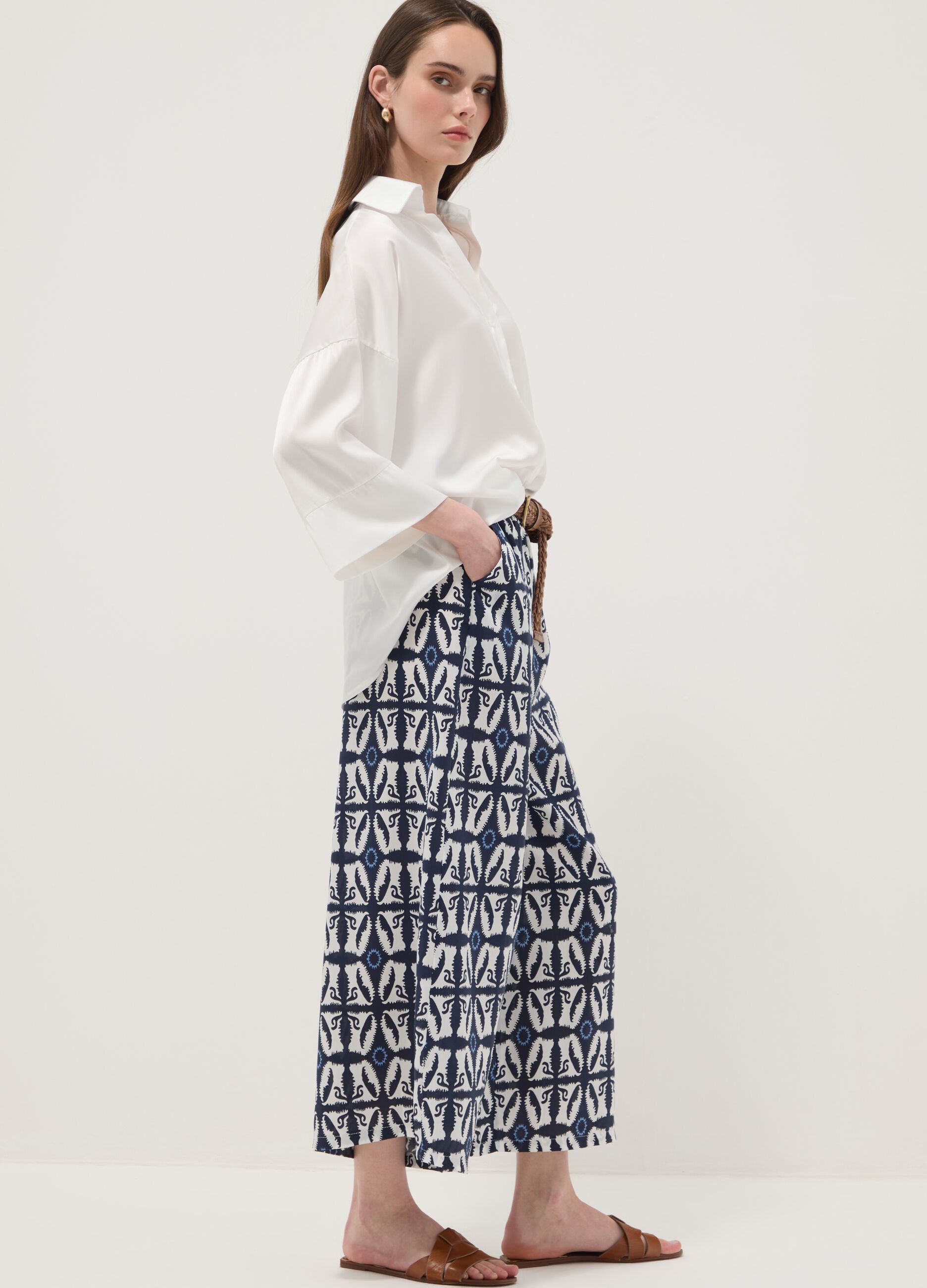 White pure-viscose printed trousers, regular fit