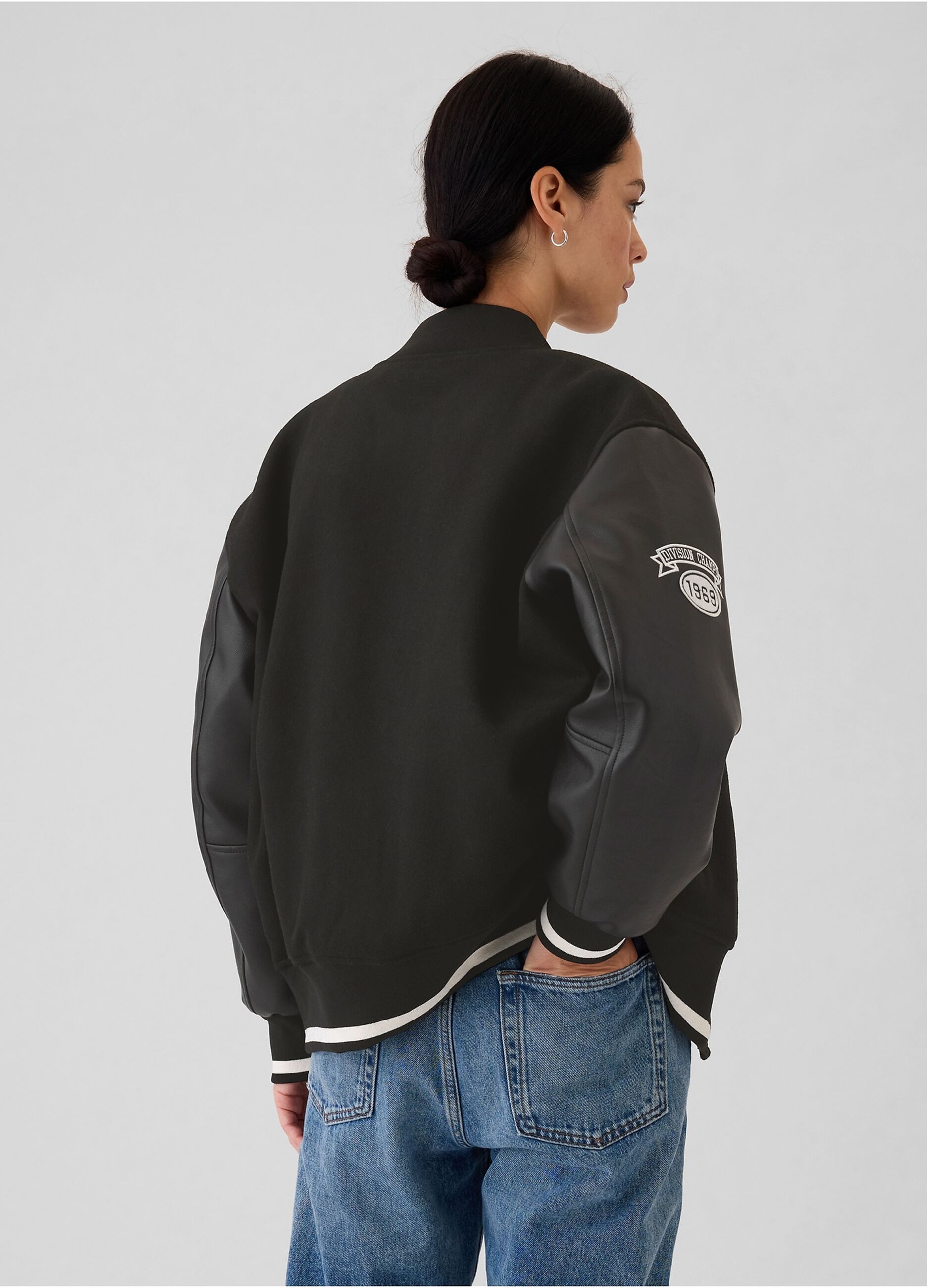Varsity bomber jacket with glossy-effect sleeves