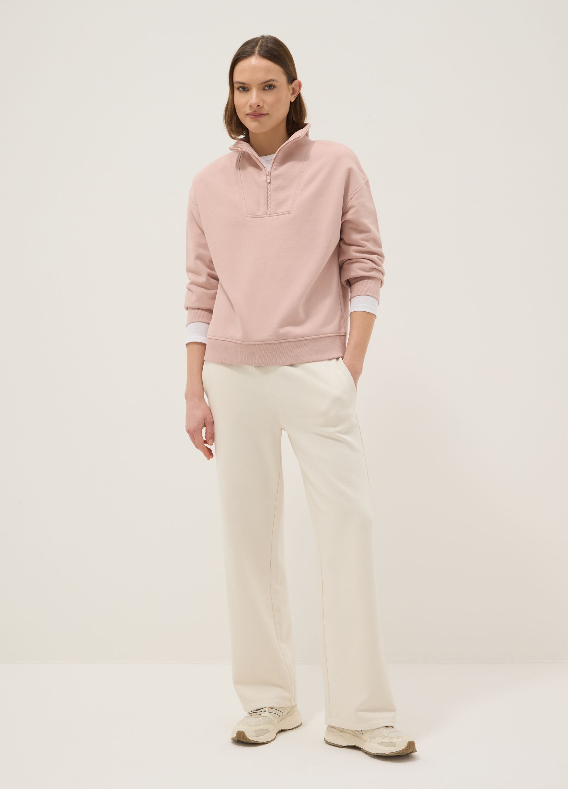 Regular fit pink cotton blend sweatshirt with half zip and high collar