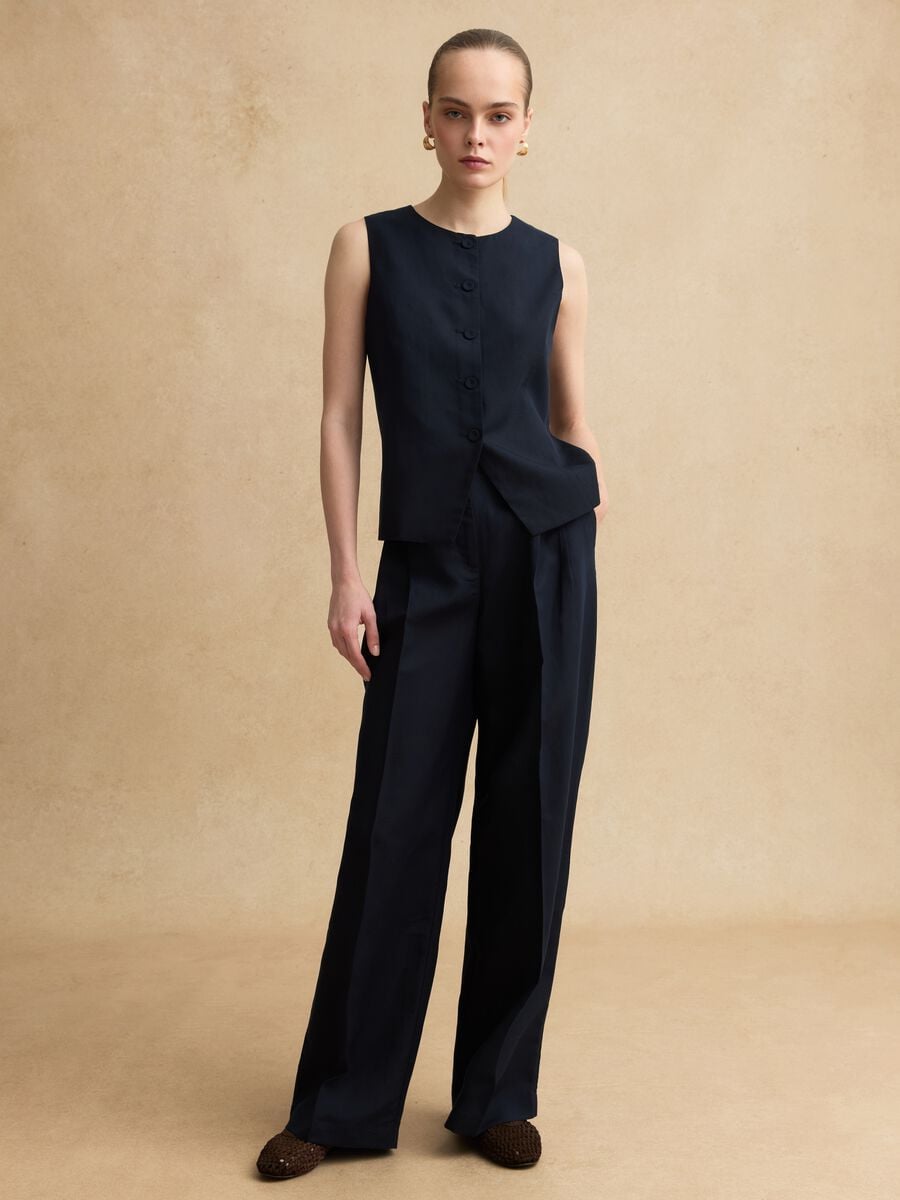 Blue Lyocell and Linen Regular Fit Waistcoat with Buttons_2