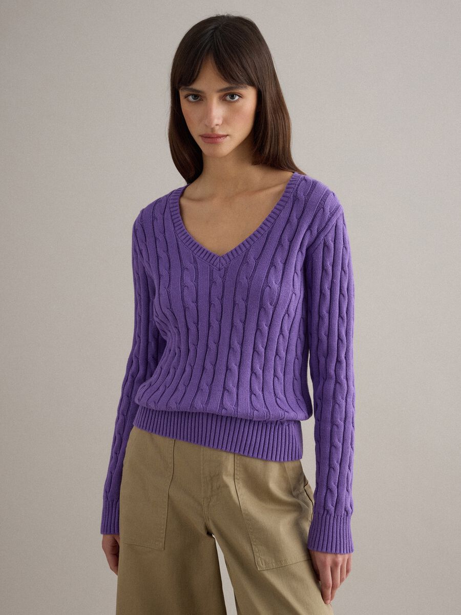 Purple pure cotton regular fit pullover with cable knit_0