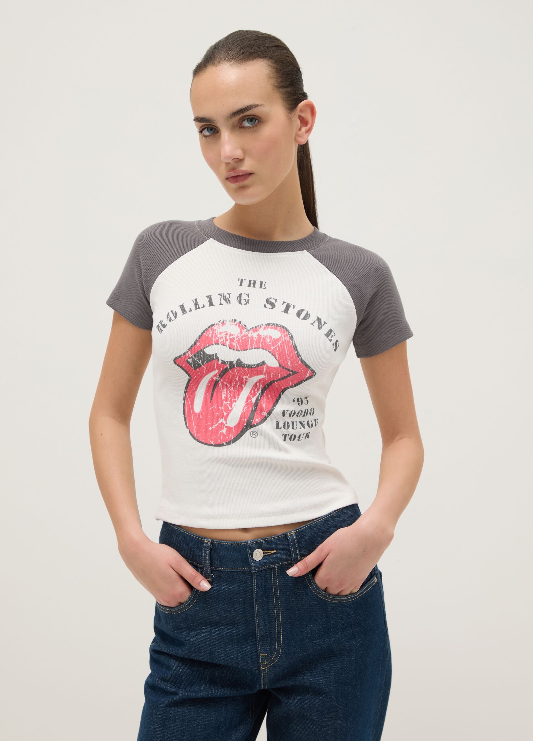Multicolour pure cotton regular fit T-shirt with Rolling Stones print