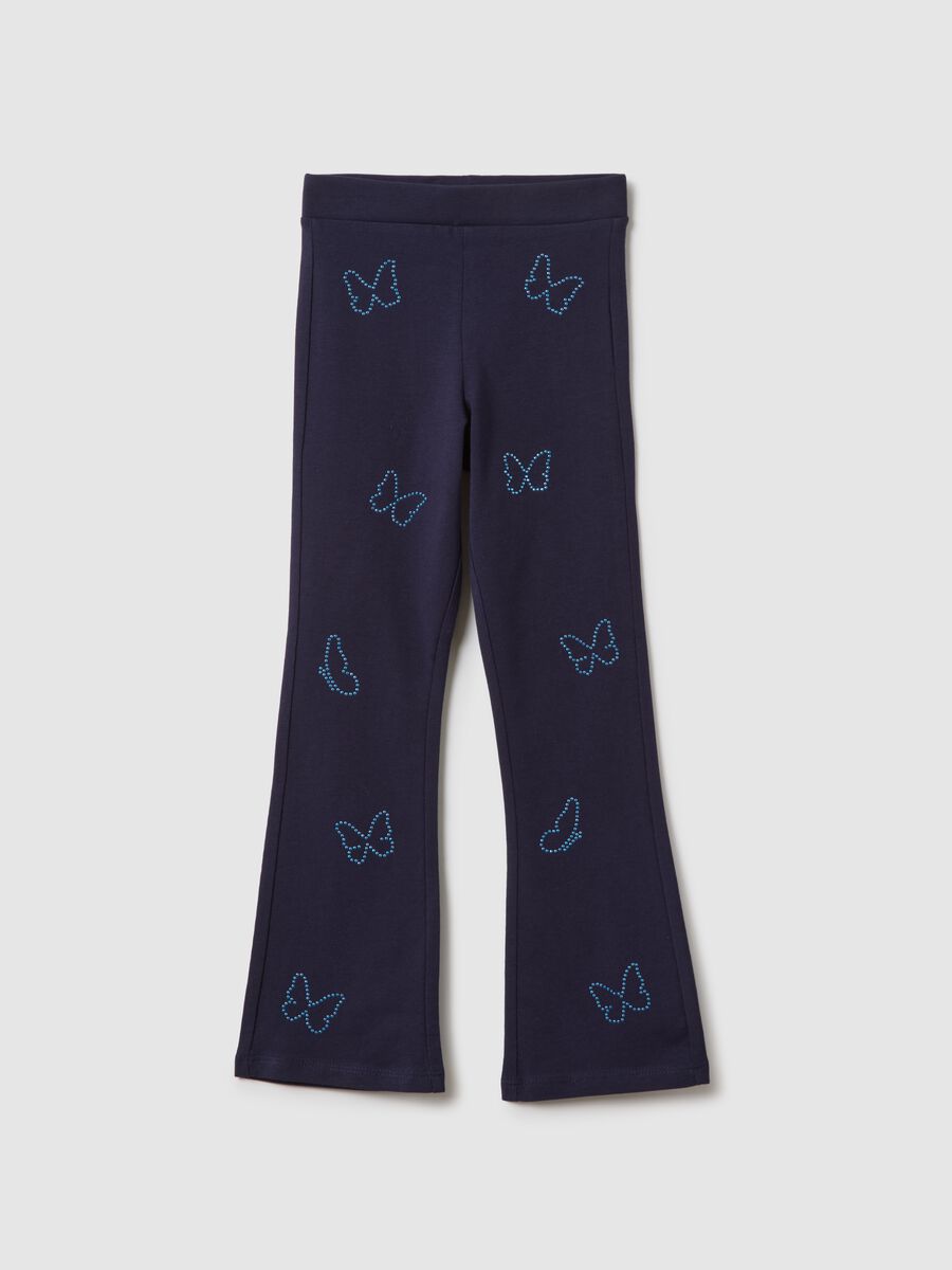Girls' blue slim fit stretch cotton leggings with decorations_0