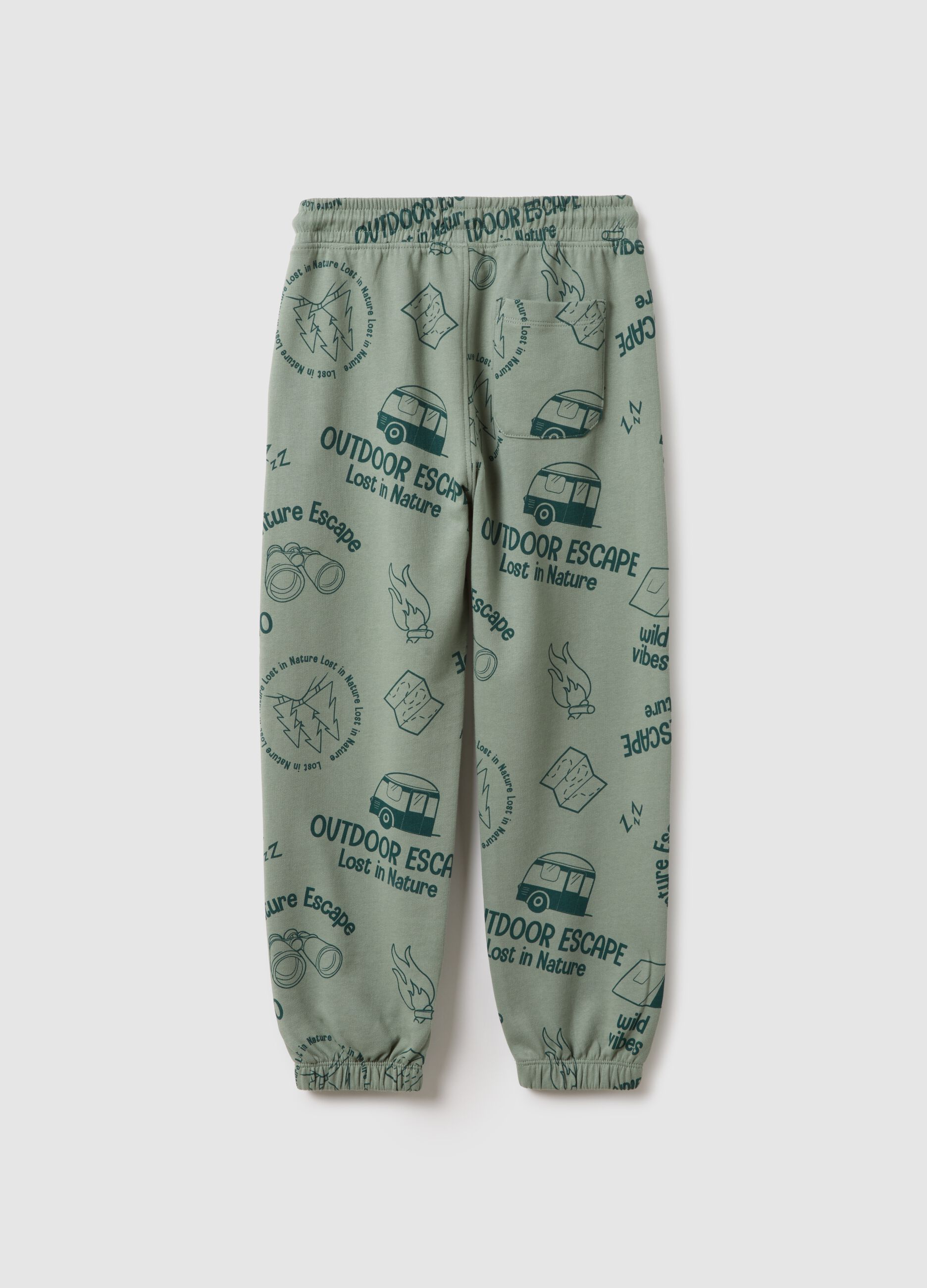 Children's green pure cotton regular fit trousers with print