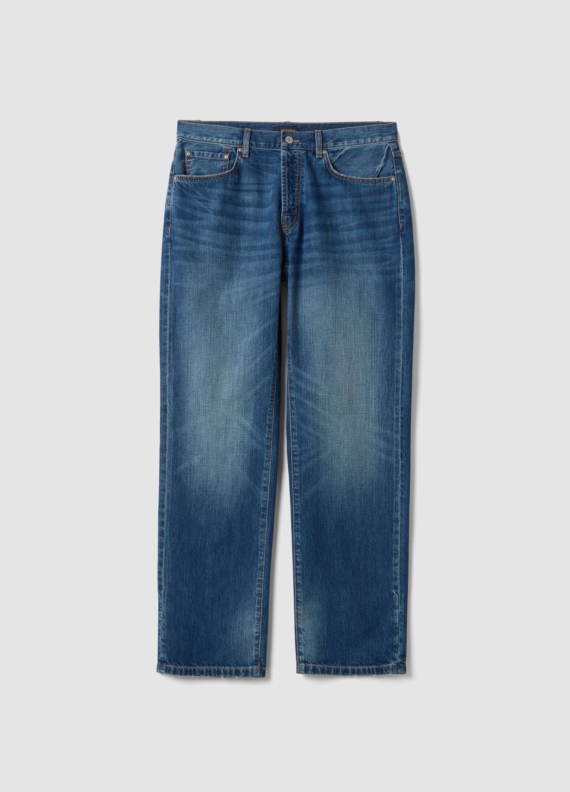 Blue Regular Fit Cotton Denim and Linen Blend Jeans