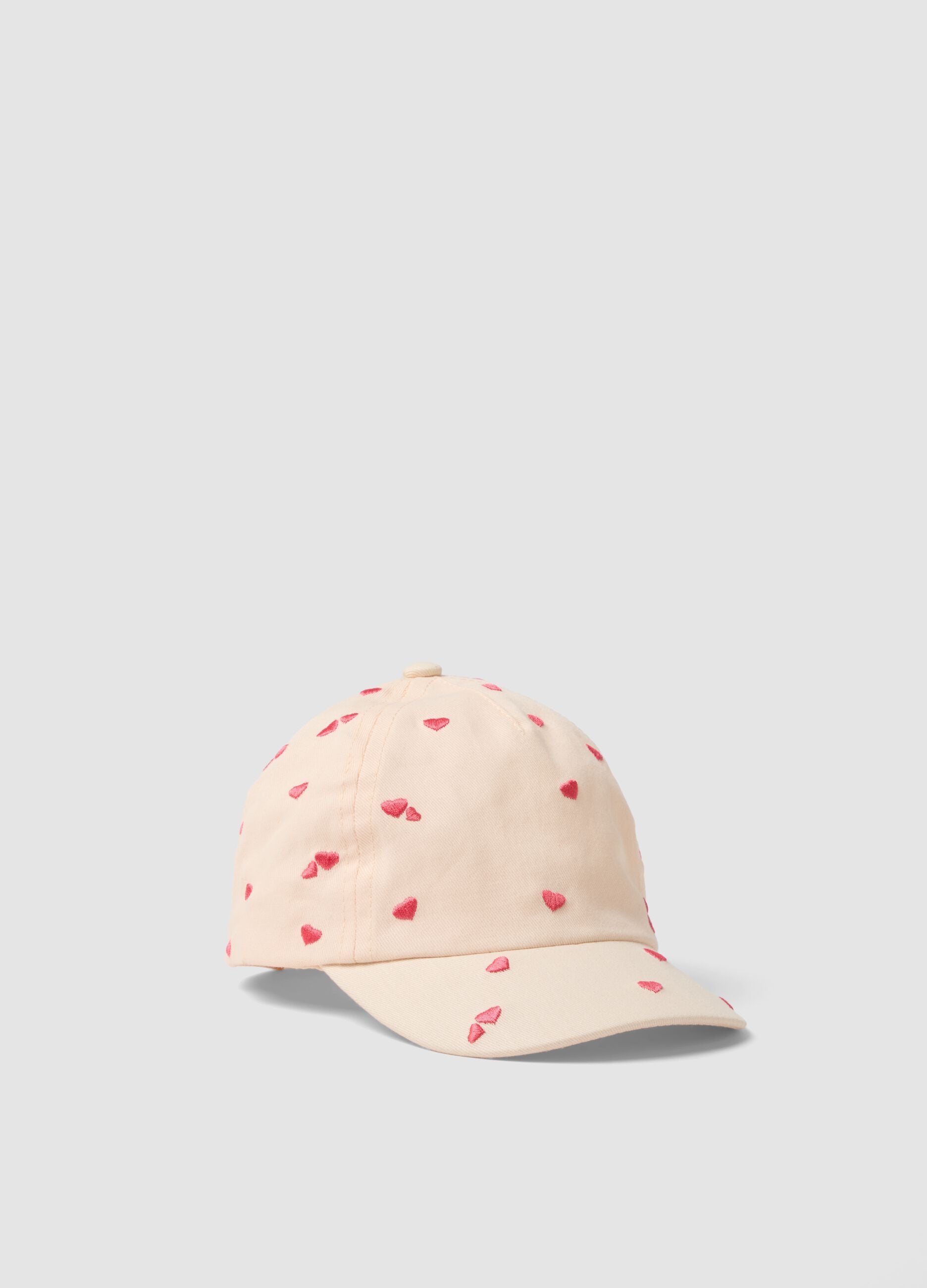 Girls' beige pure cotton hat with pink hearts