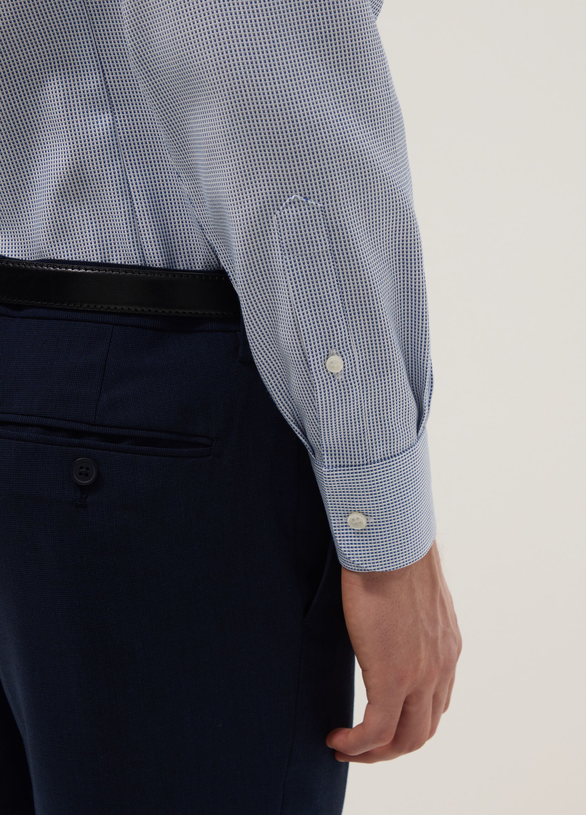 Light blue slim fit cotton shirt with micro-checks