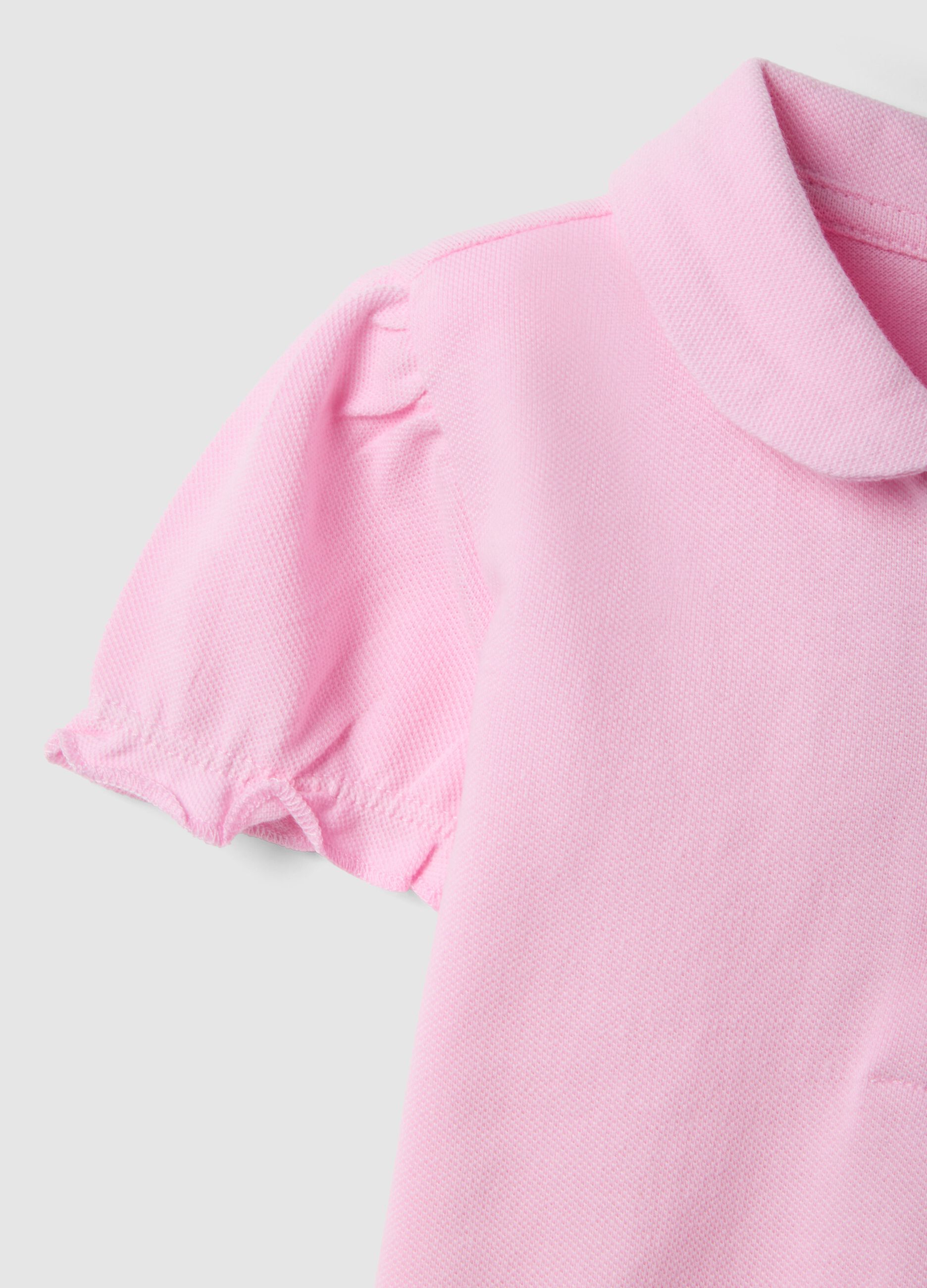 Girls' pink pure cotton polo with regular fit and ruched sleeves