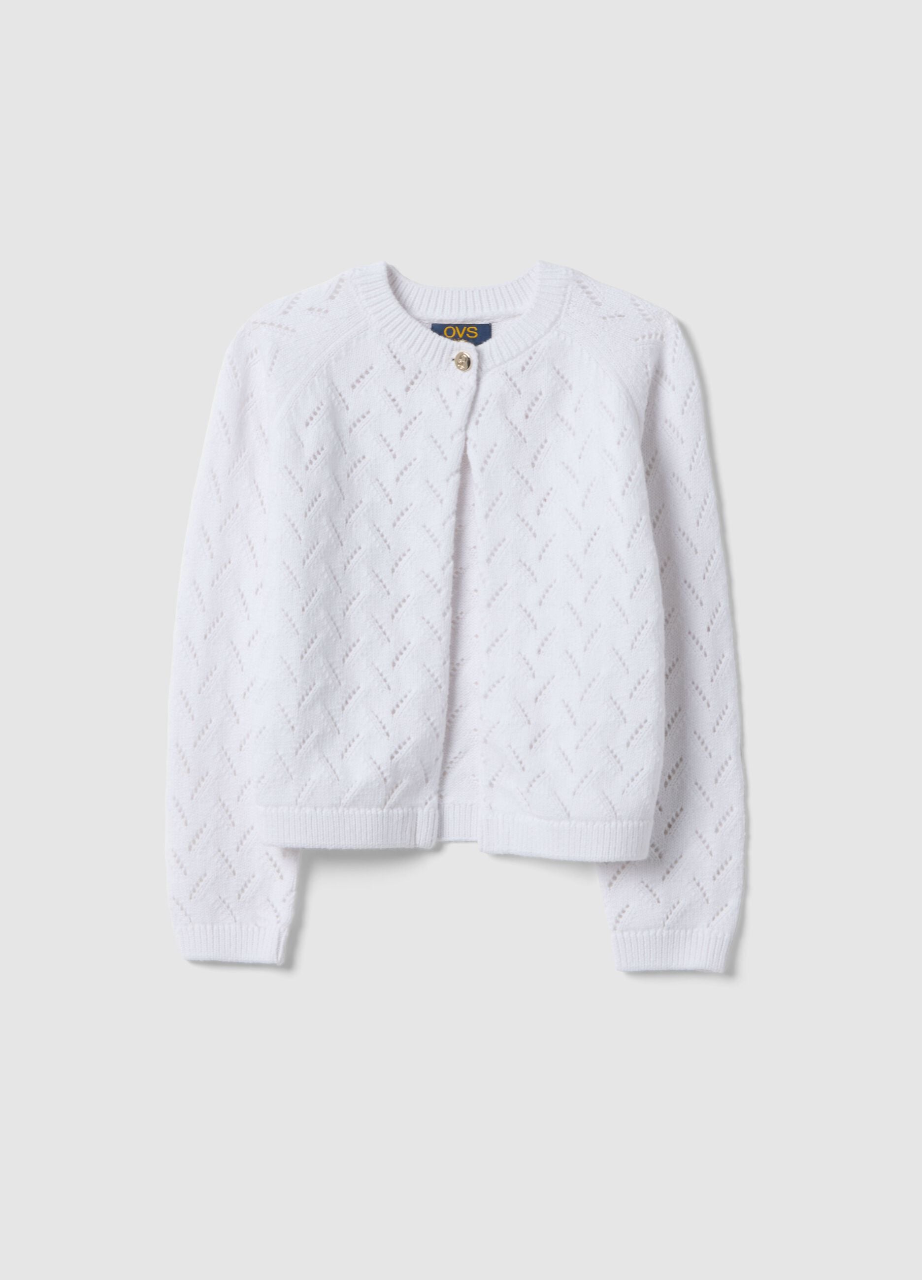 Girls' White Pure Cotton Cardigan Regular Fit with Button