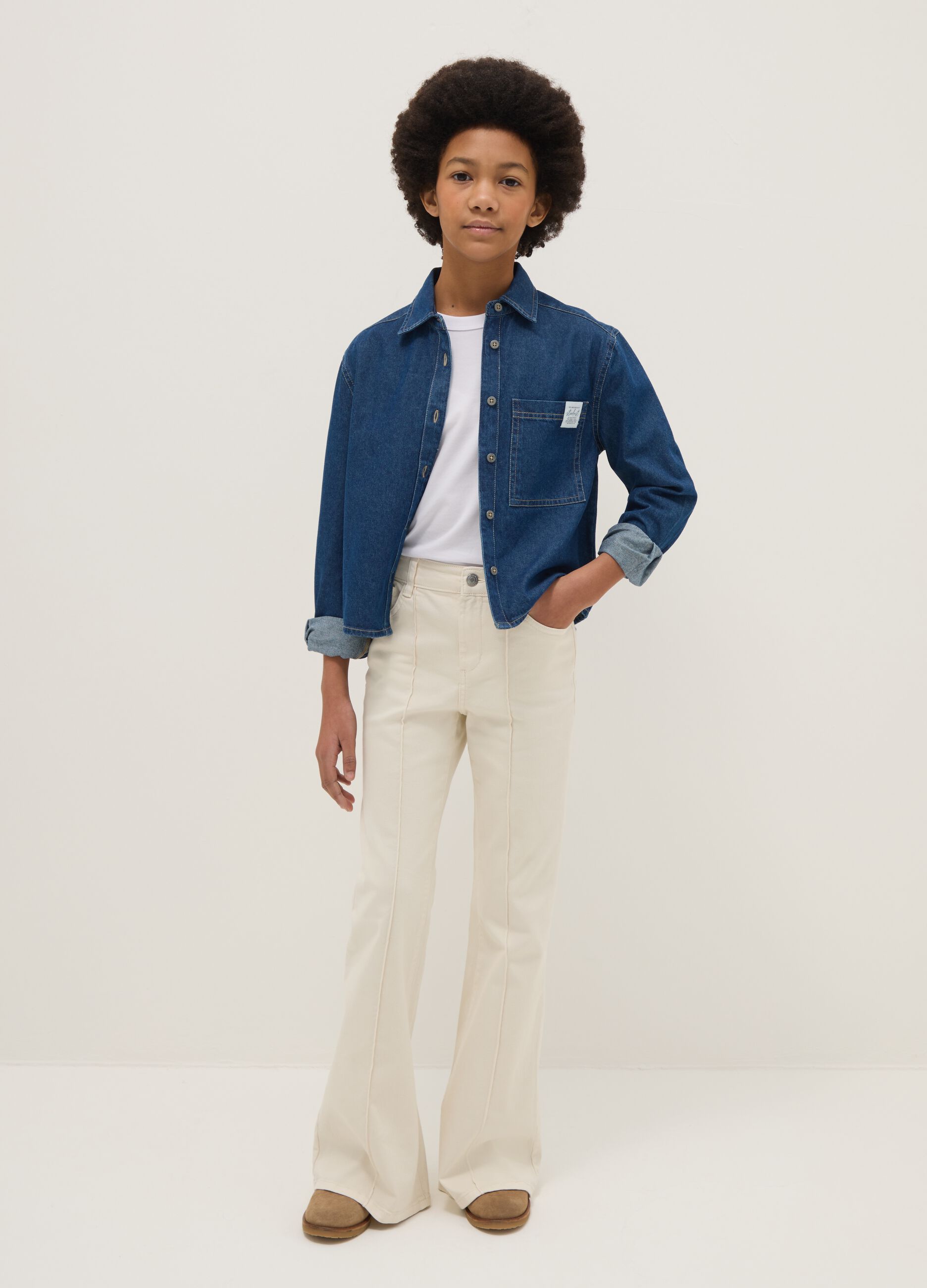 Beige stretch cotton flared trousers for girls