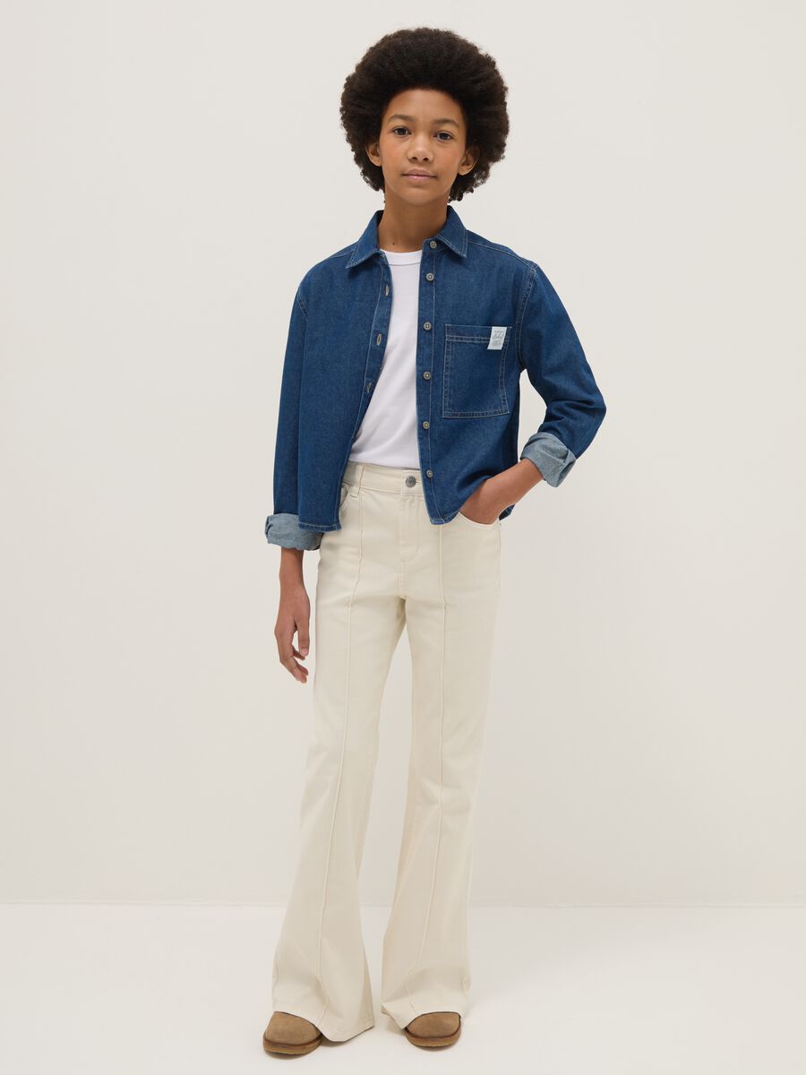 Beige stretch cotton flared trousers for girls_0