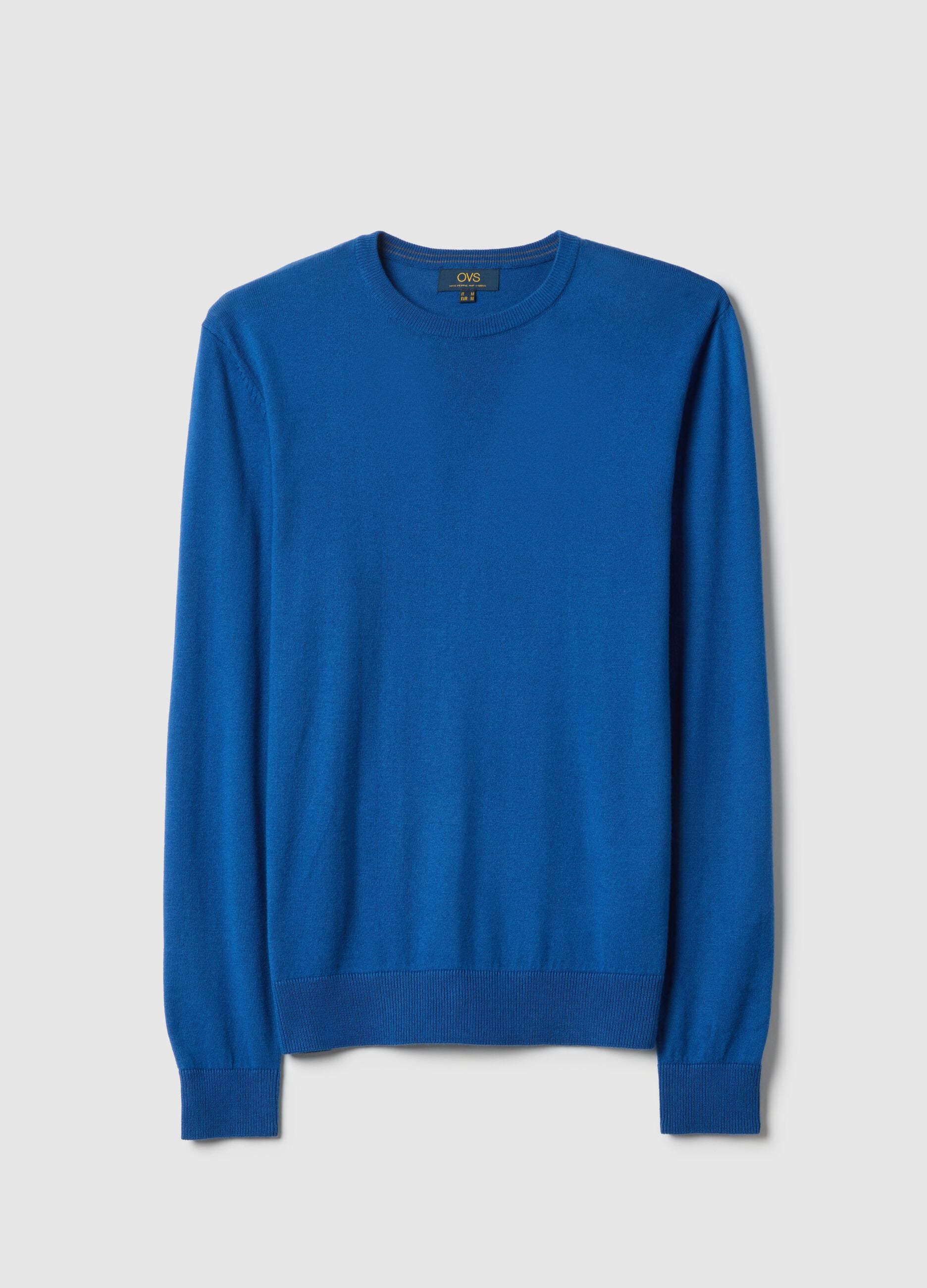 Blue crew neck pullover in cotton blend regular fit