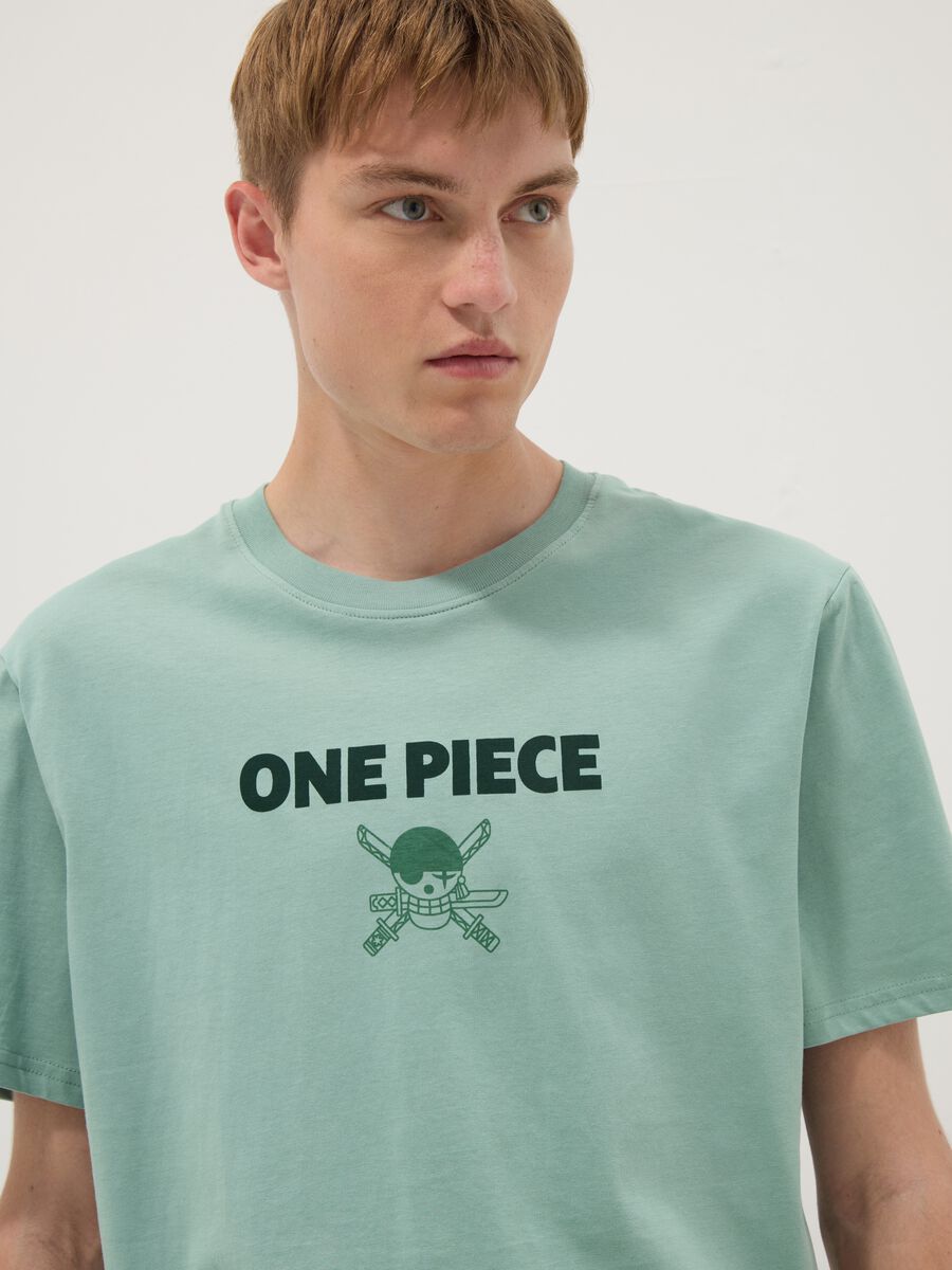 Green pure cotton One Piece slogan T-shirt, relaxed fit_1