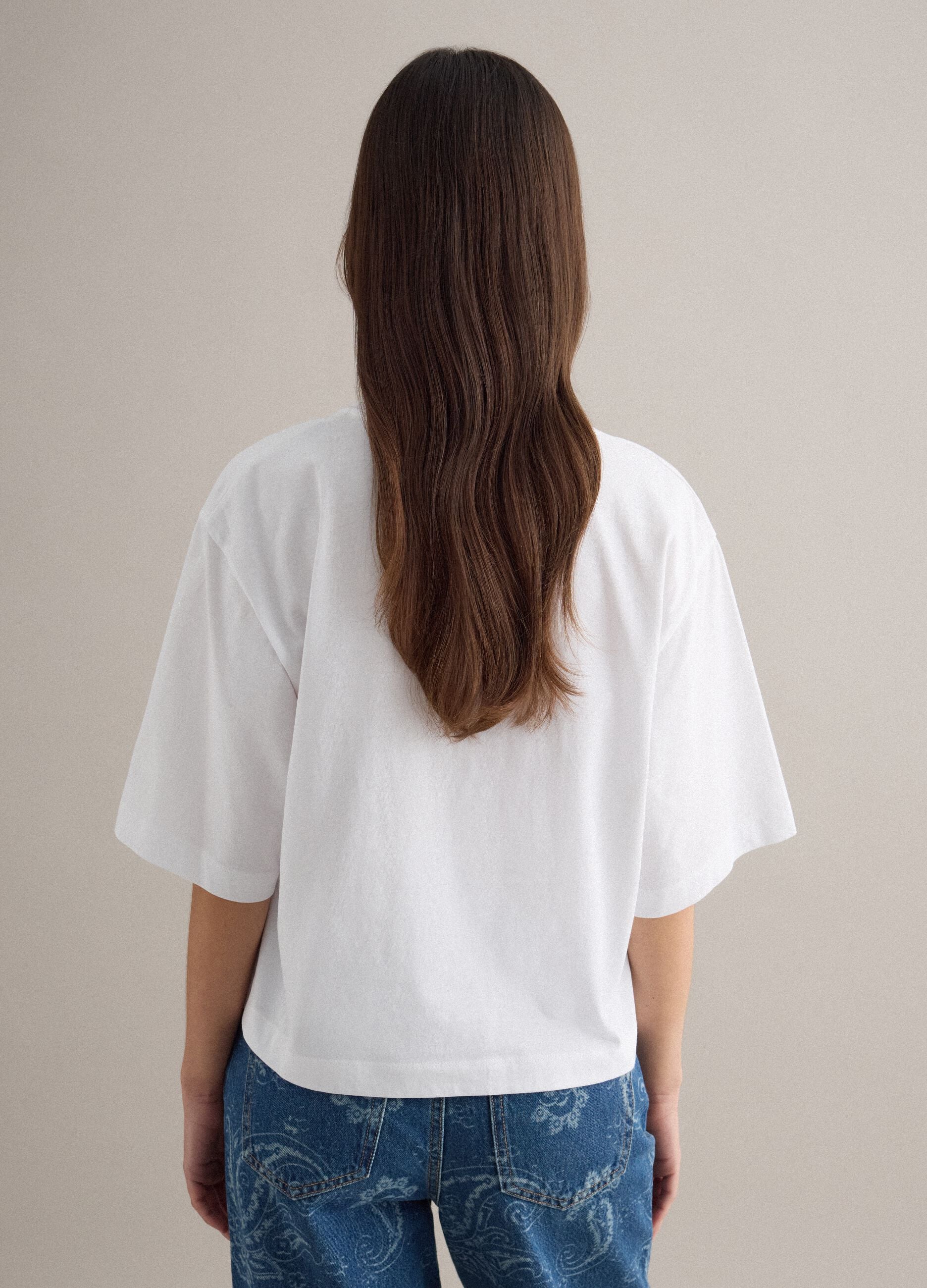 White pure cotton boxy fit T-shirt with floral embroidery