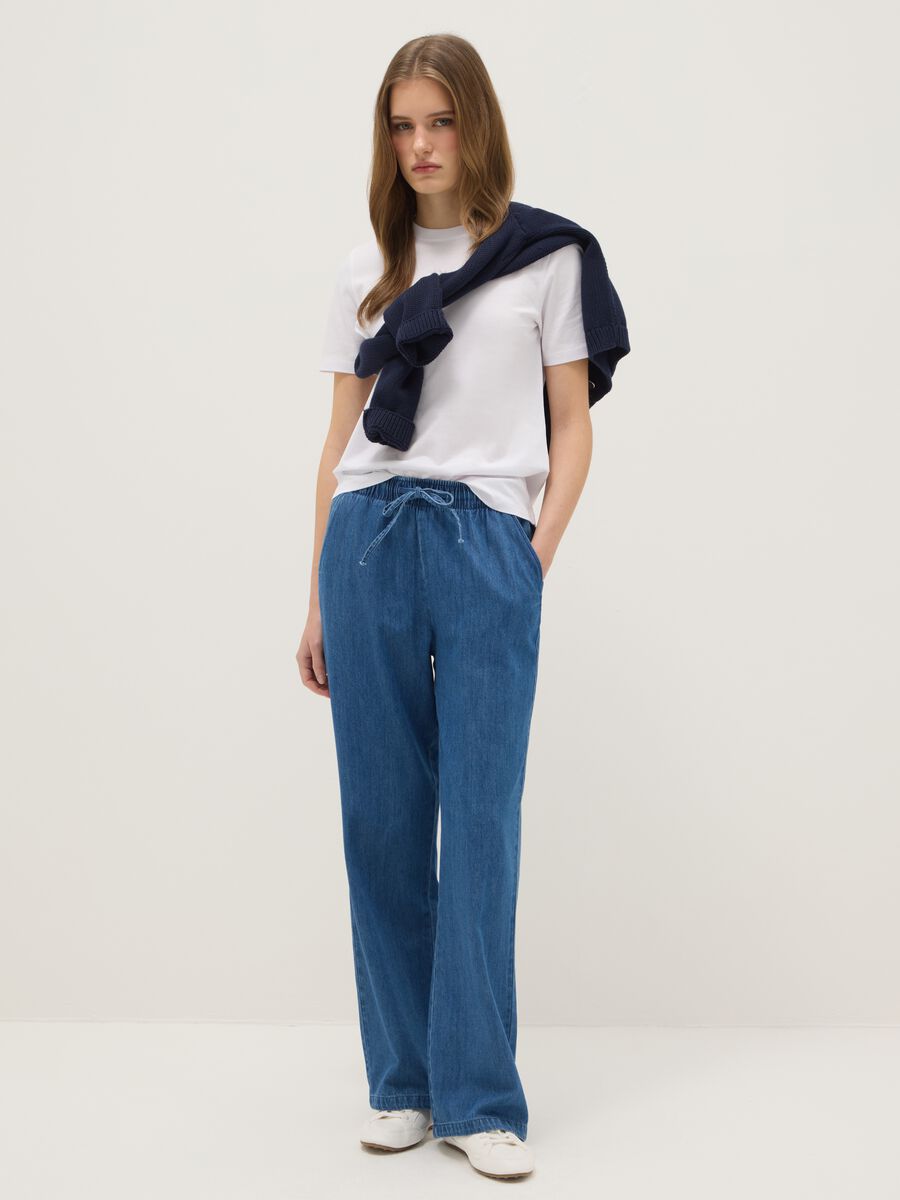 Wide leg blue denim pure cotton trousers with elastic waistband_0