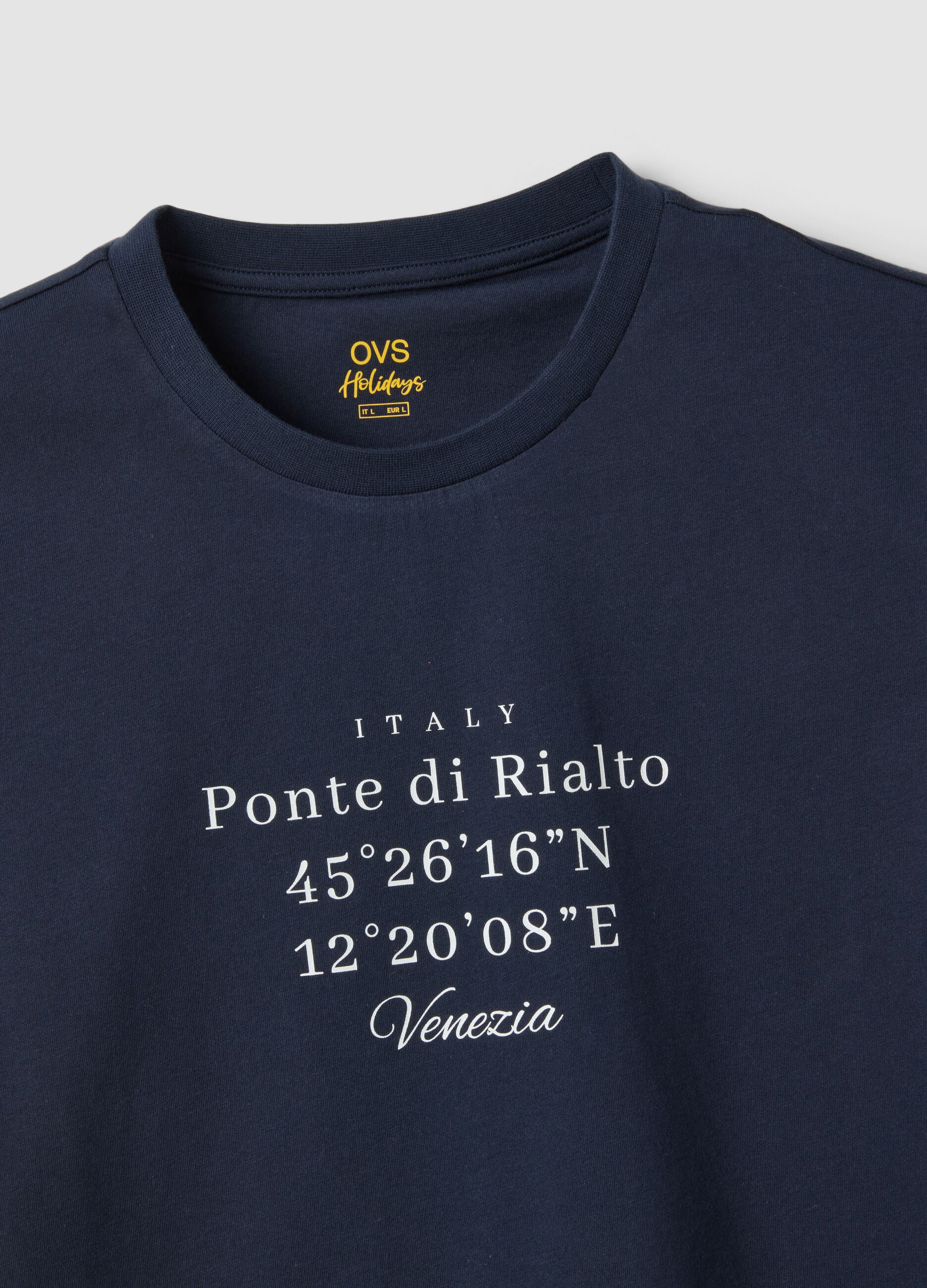 Blue pure cotton T-shirt with front print, regular fit