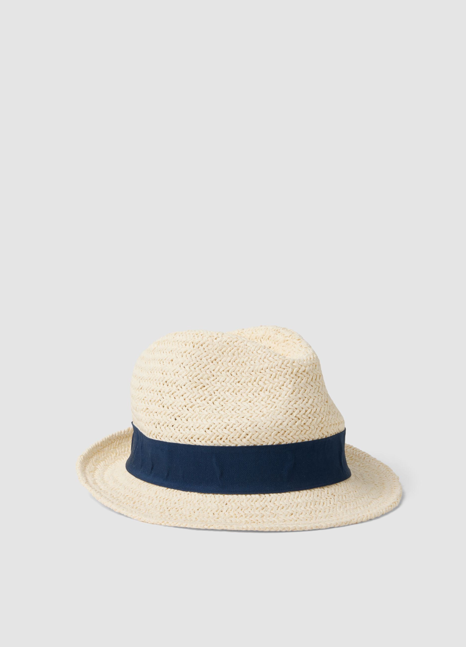 Beige paper-blend hat with blue band