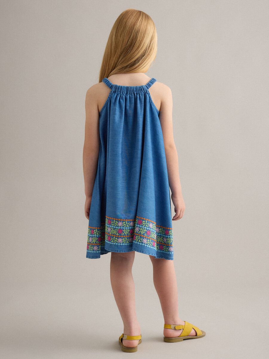 Blue pure lyocell dress with straps and hem embroidery_1