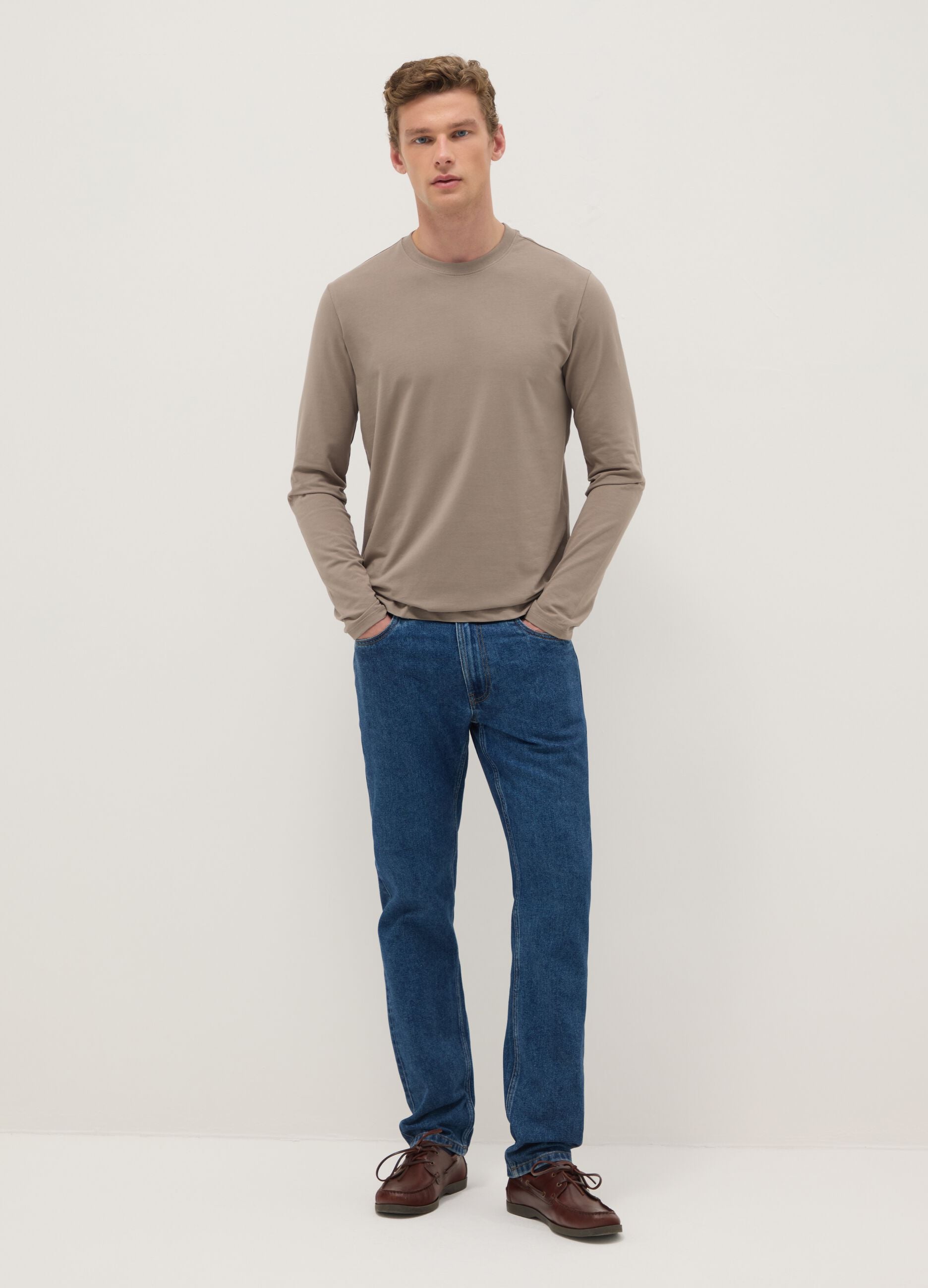 Beige long-sleeve stretch cotton t-shirt regular fit