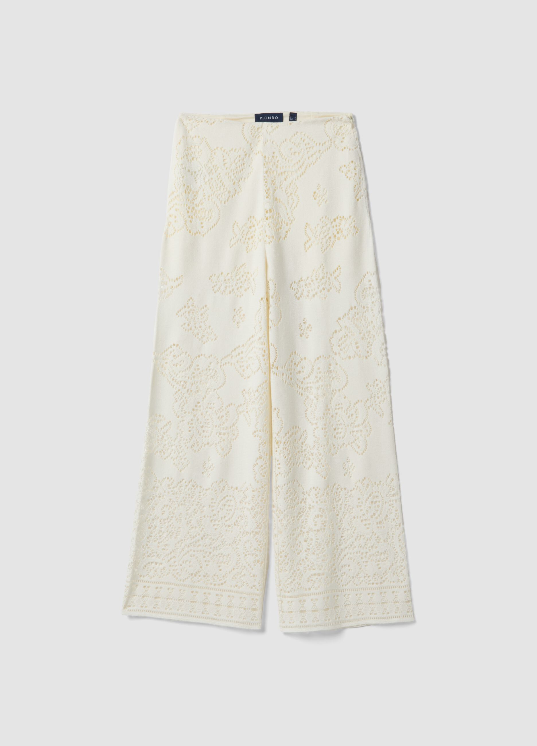 White wide leg cotton blend trousers with perforated texture