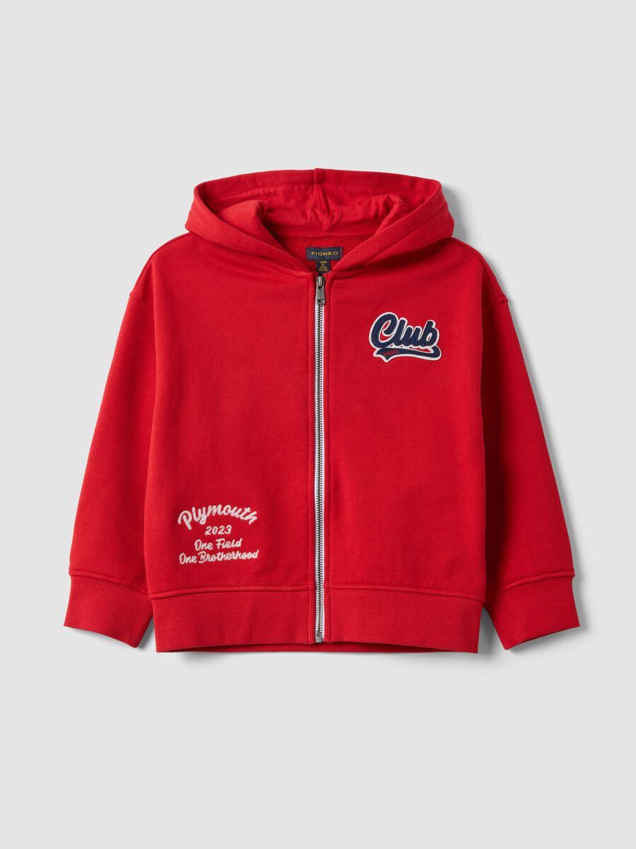 Red organic cotton hoodie with embroidered details, oversized fit, for boys_0