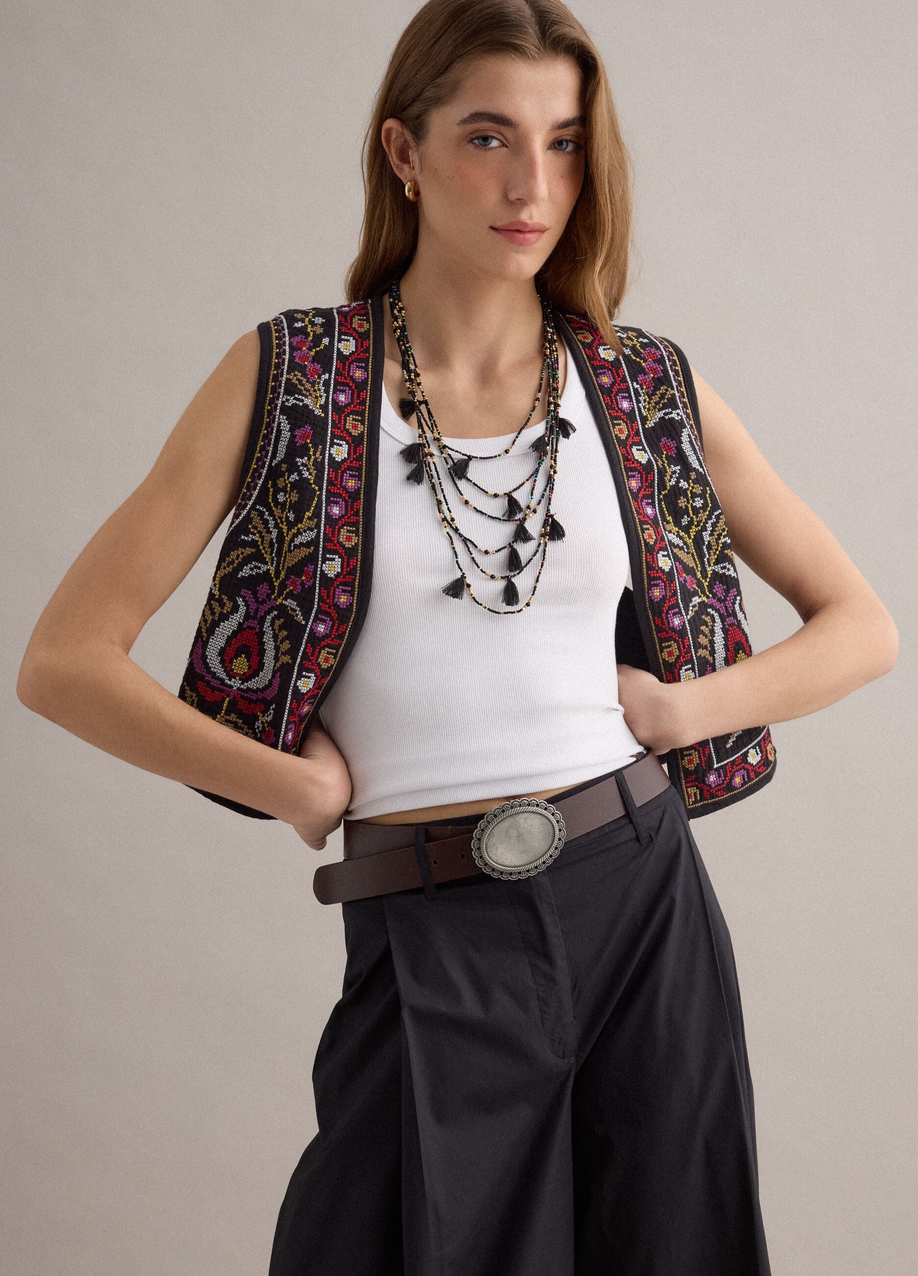 Black pure cotton gilet with embroidery