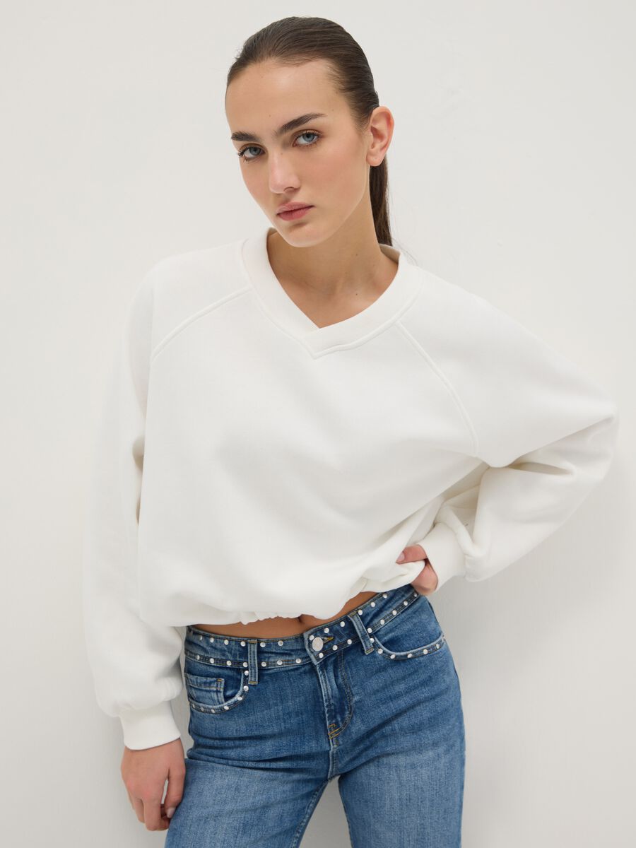 Oversized white cotton blend sweatshirt with V-neck_1