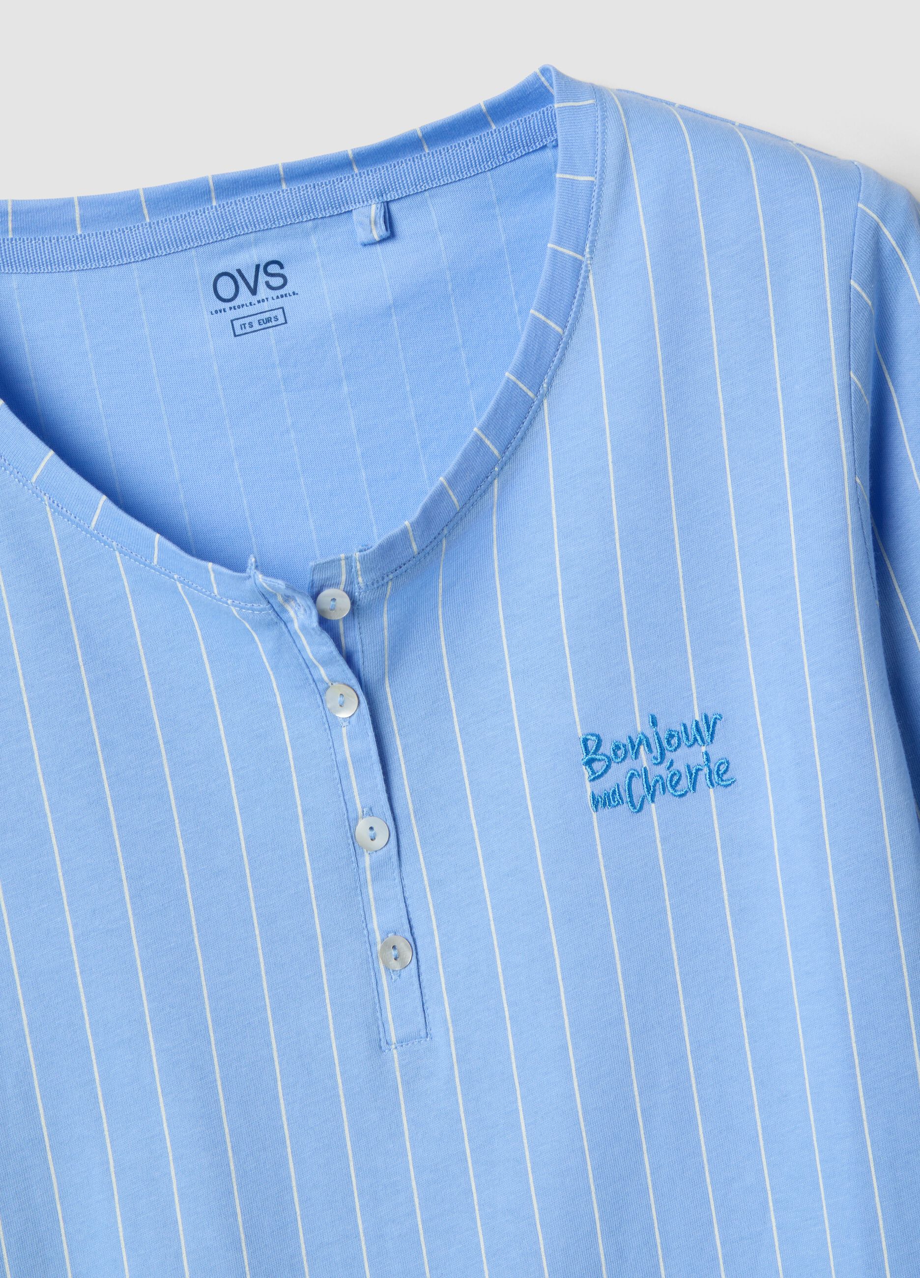 Sky blue pure cotton striped nightshirt with regular fit and serafino collar