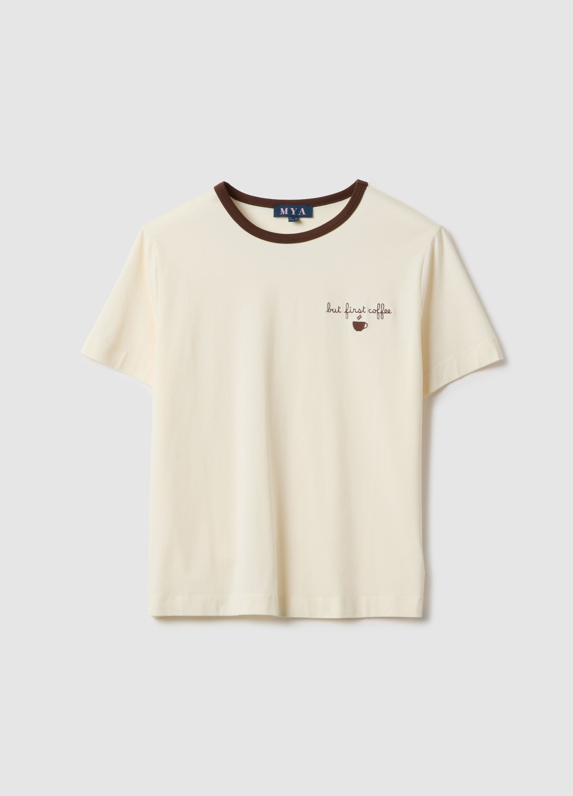 White stretch cotton regular fit T-shirt with embroidered coffee