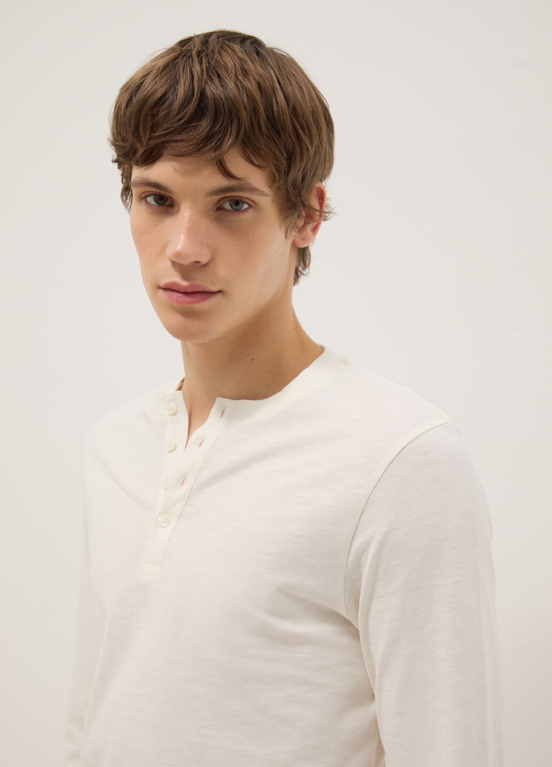 Beige pure cotton regular fit sweater with buttons
