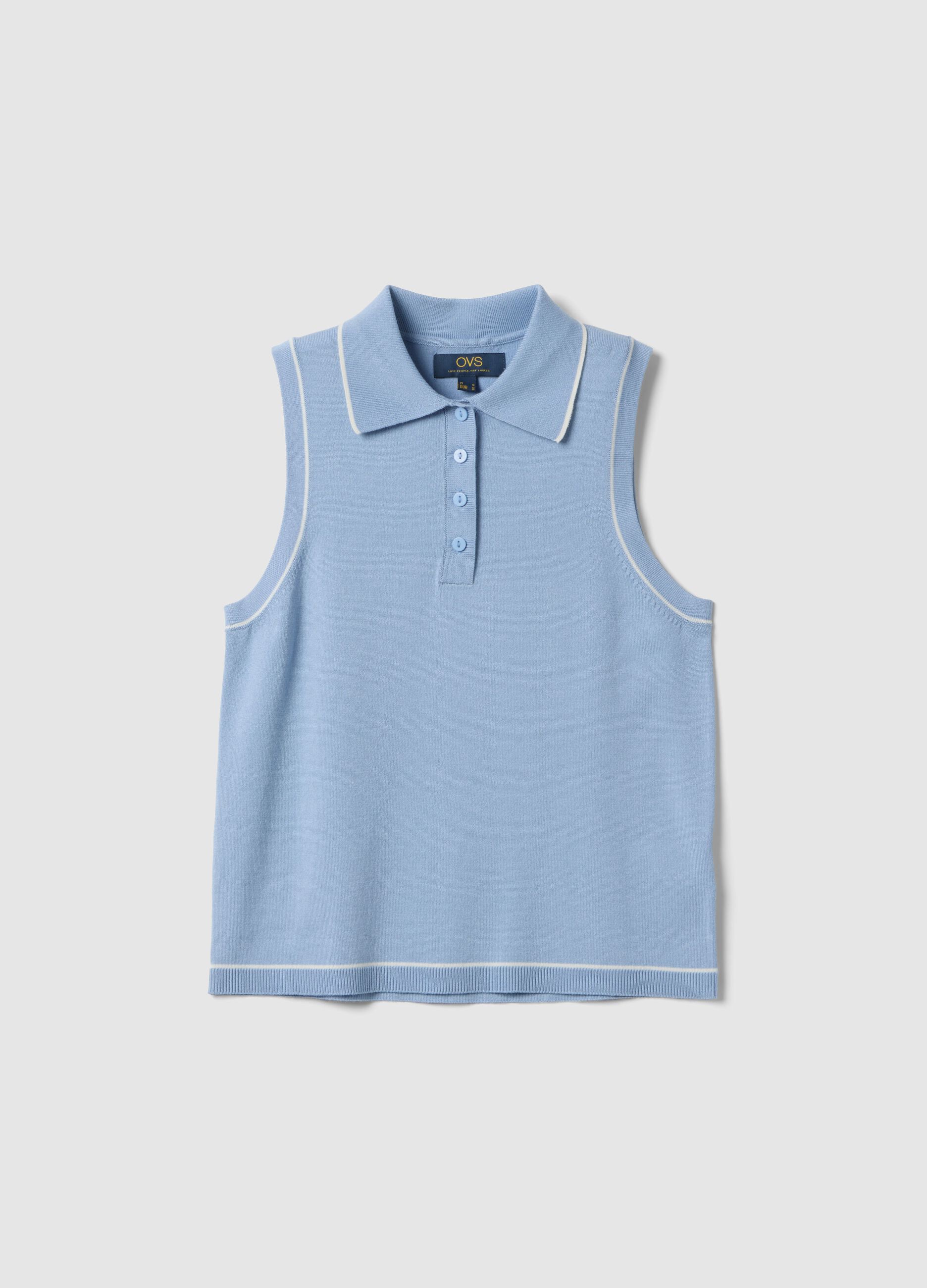 Sleeveless light blue viscose blend polo slim fit with buttons