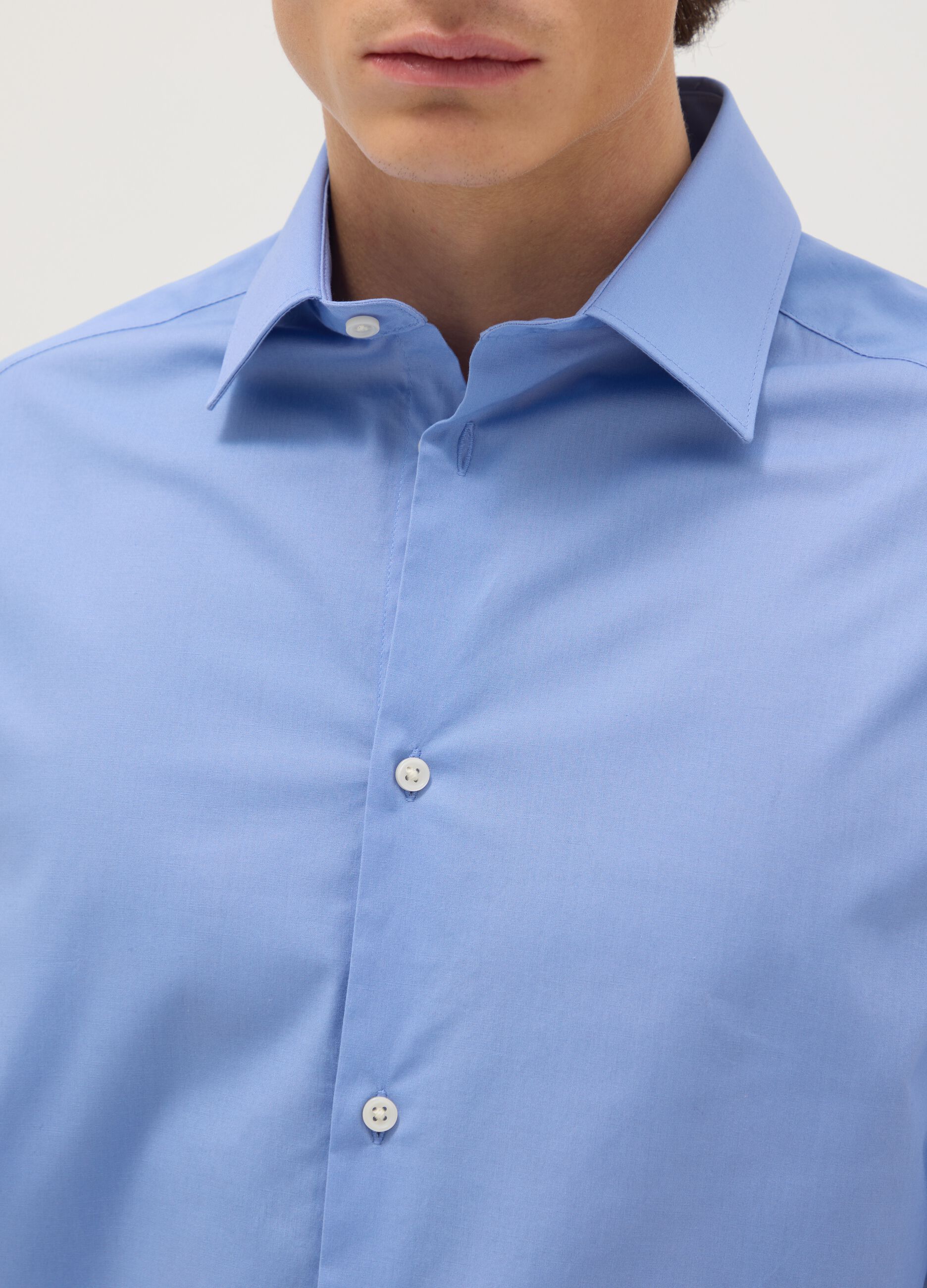 Blue stretch cotton regular fit shirt with classic collar
