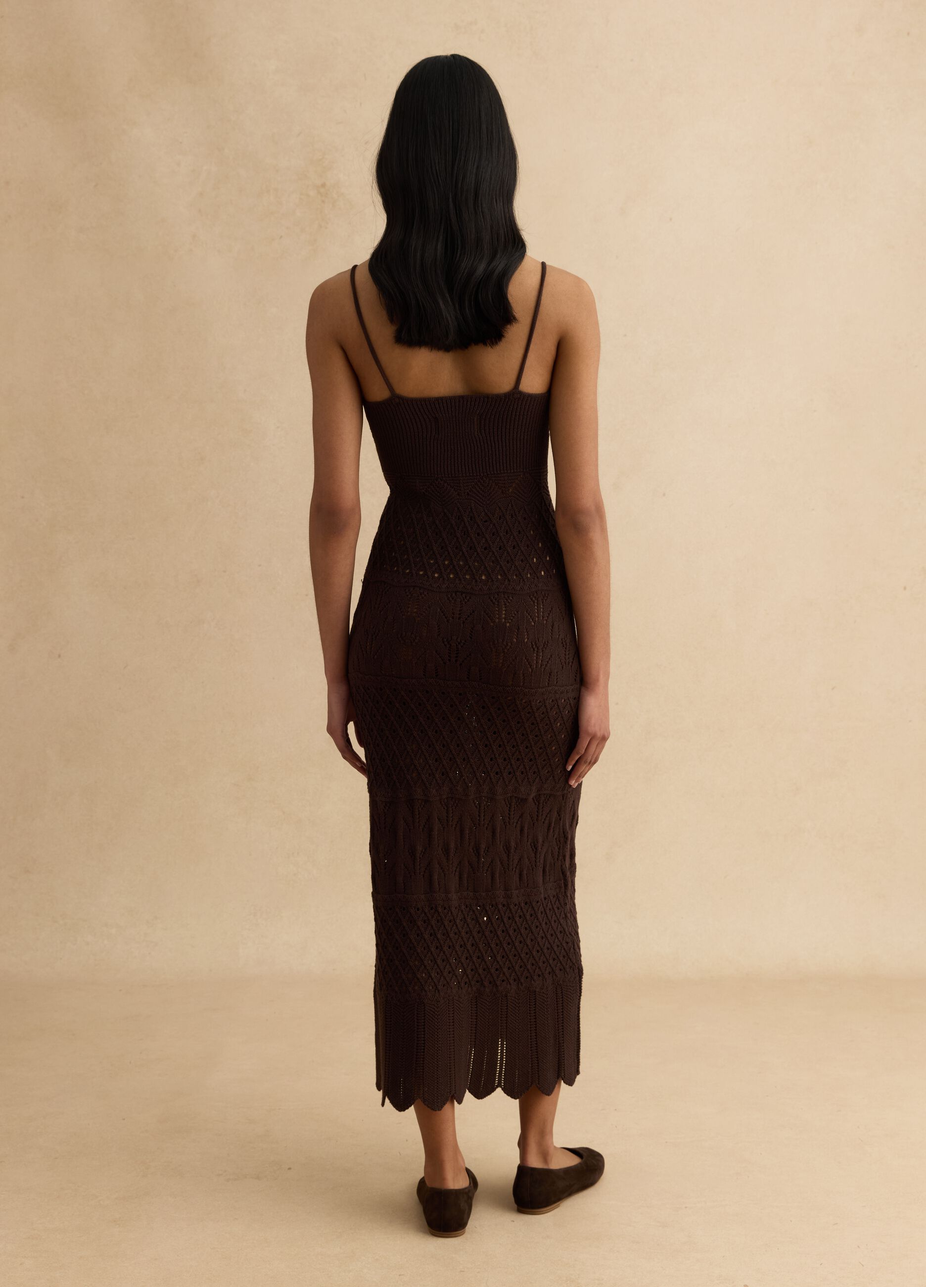 Brown pure cotton slim fit dress with knitted texture