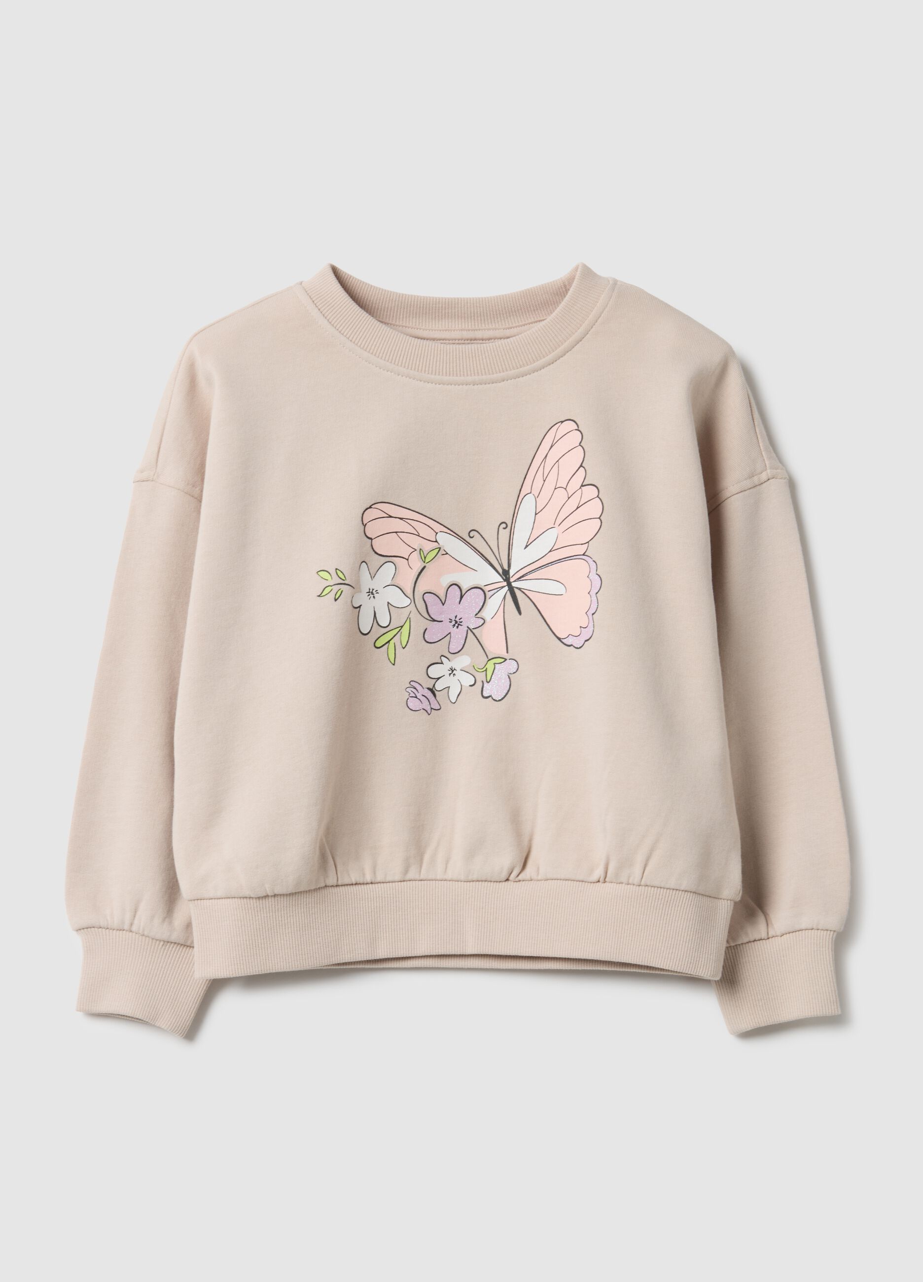Beige pure cotton sweatshirt regular fit with print for girls