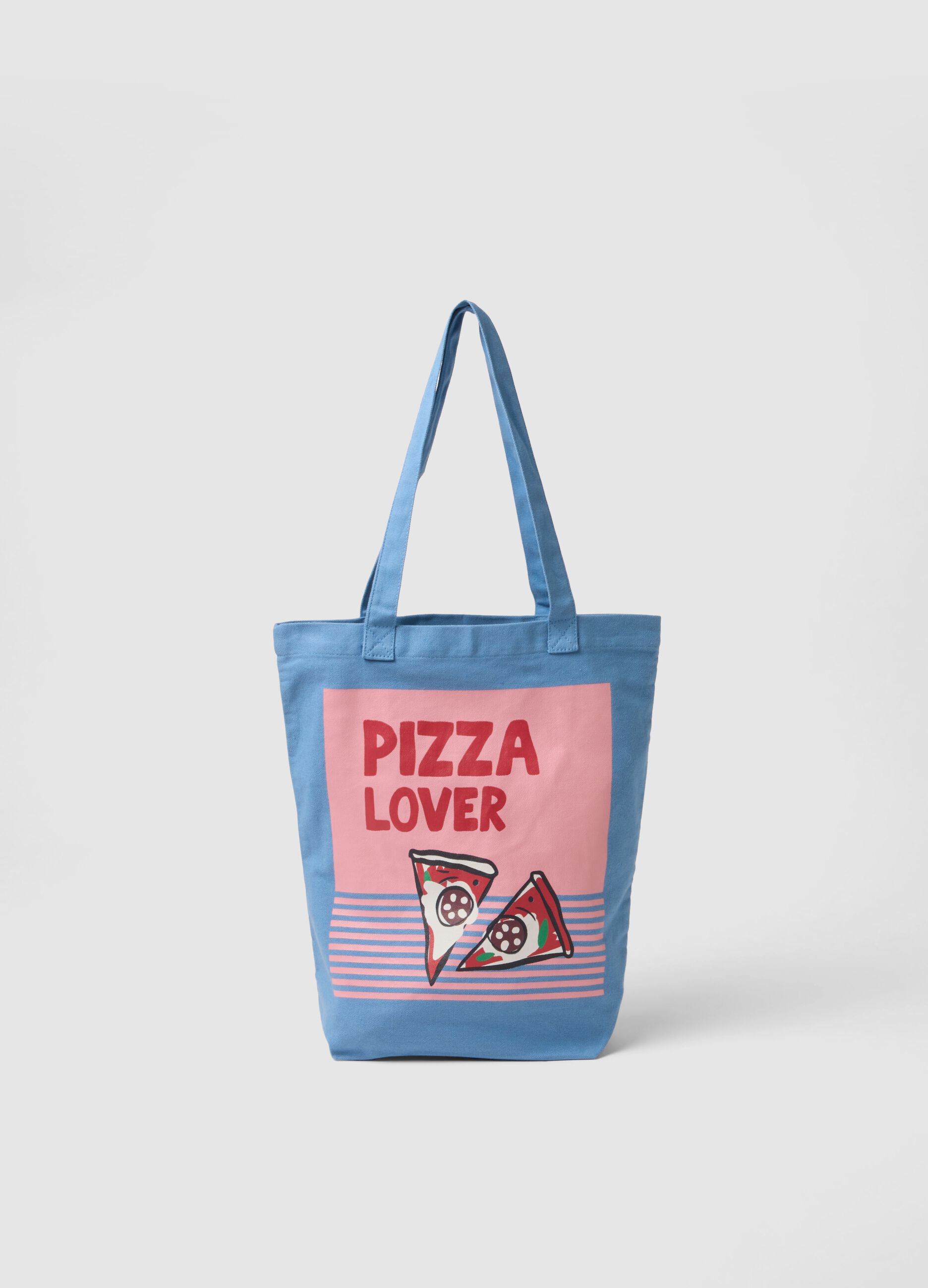 Blue pure cotton bag with pizza print