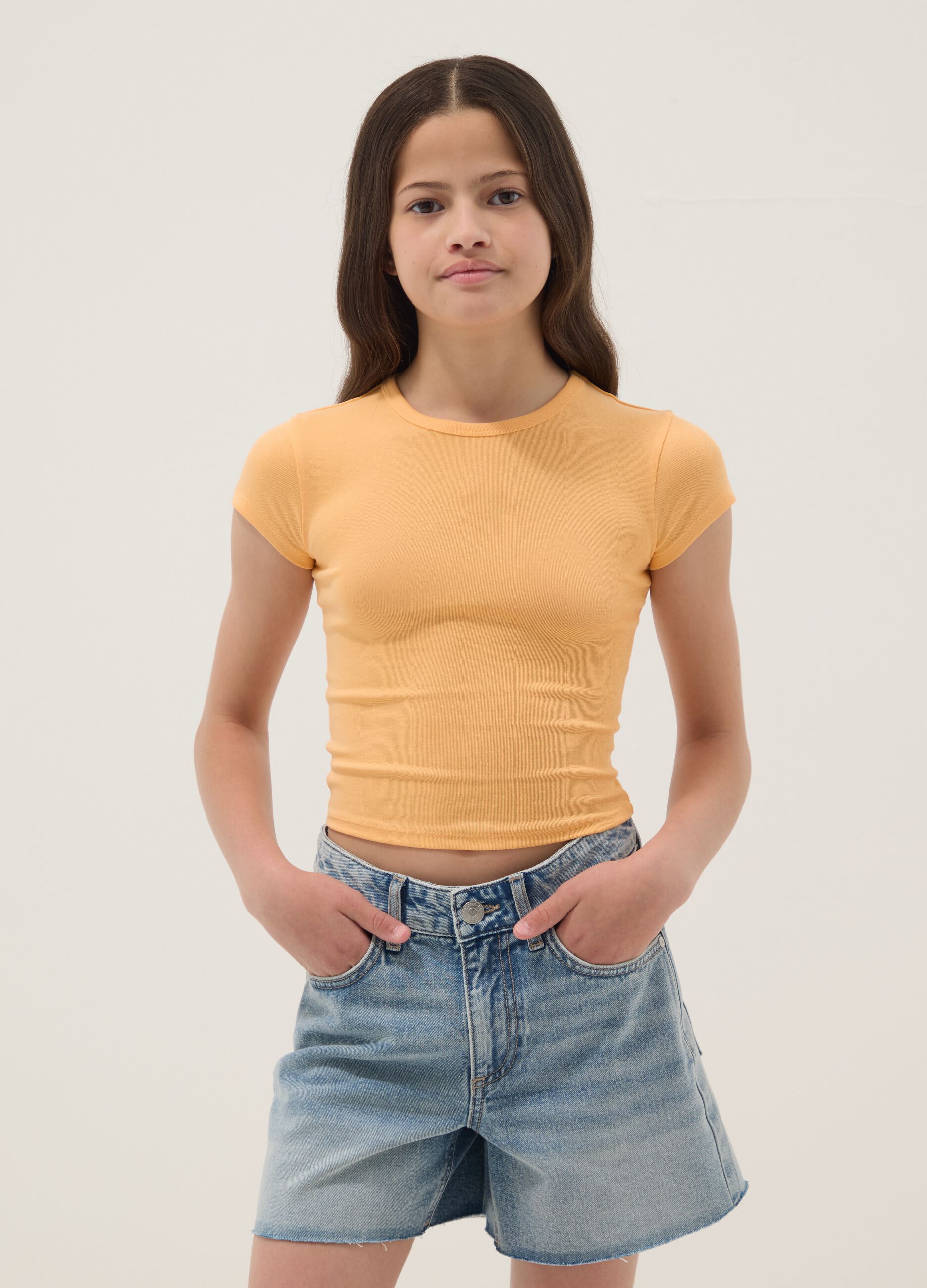 Girls' fitted orange stretch cotton T-shirt