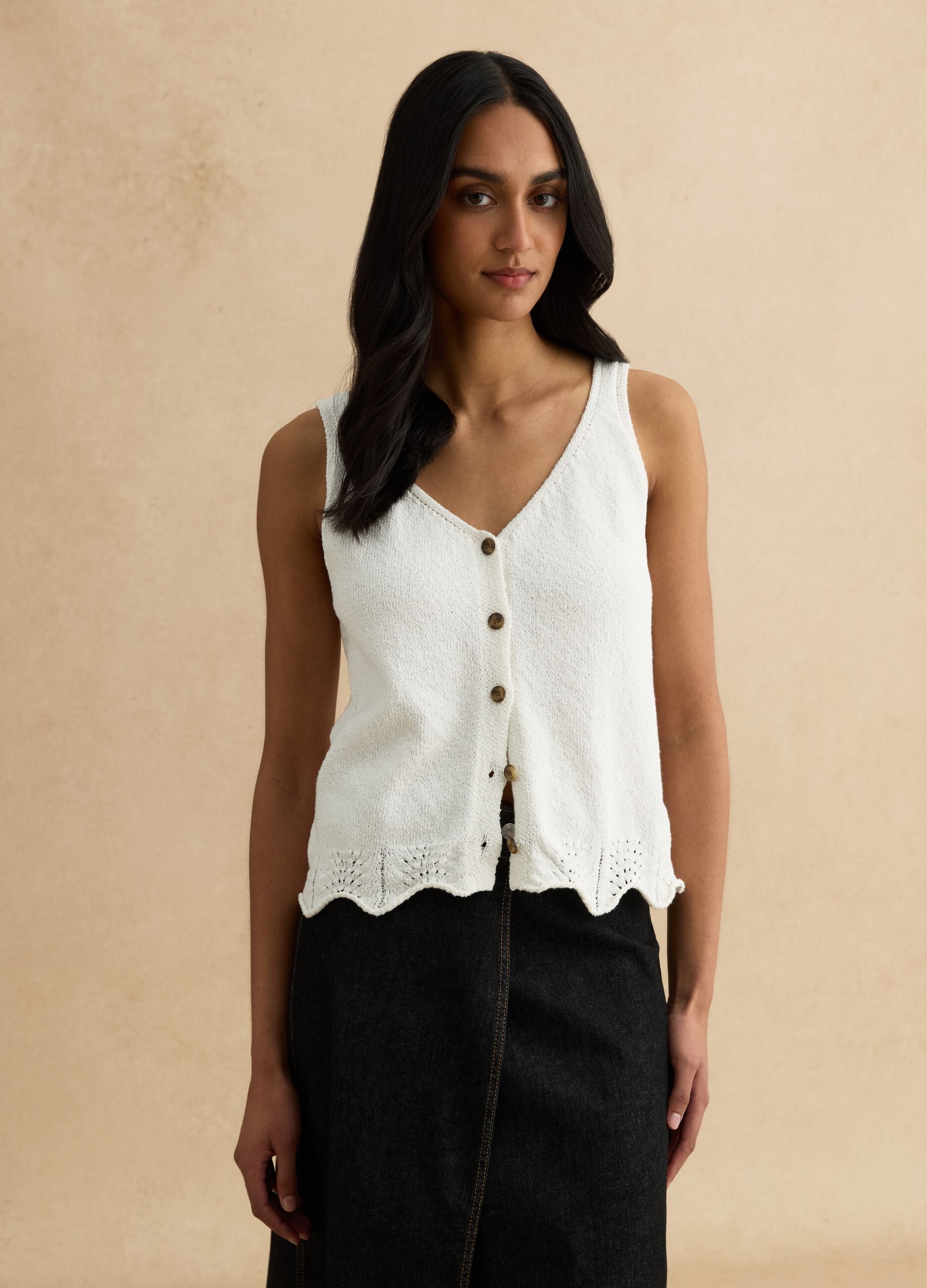 White cotton blend regular fit tank top with buttons