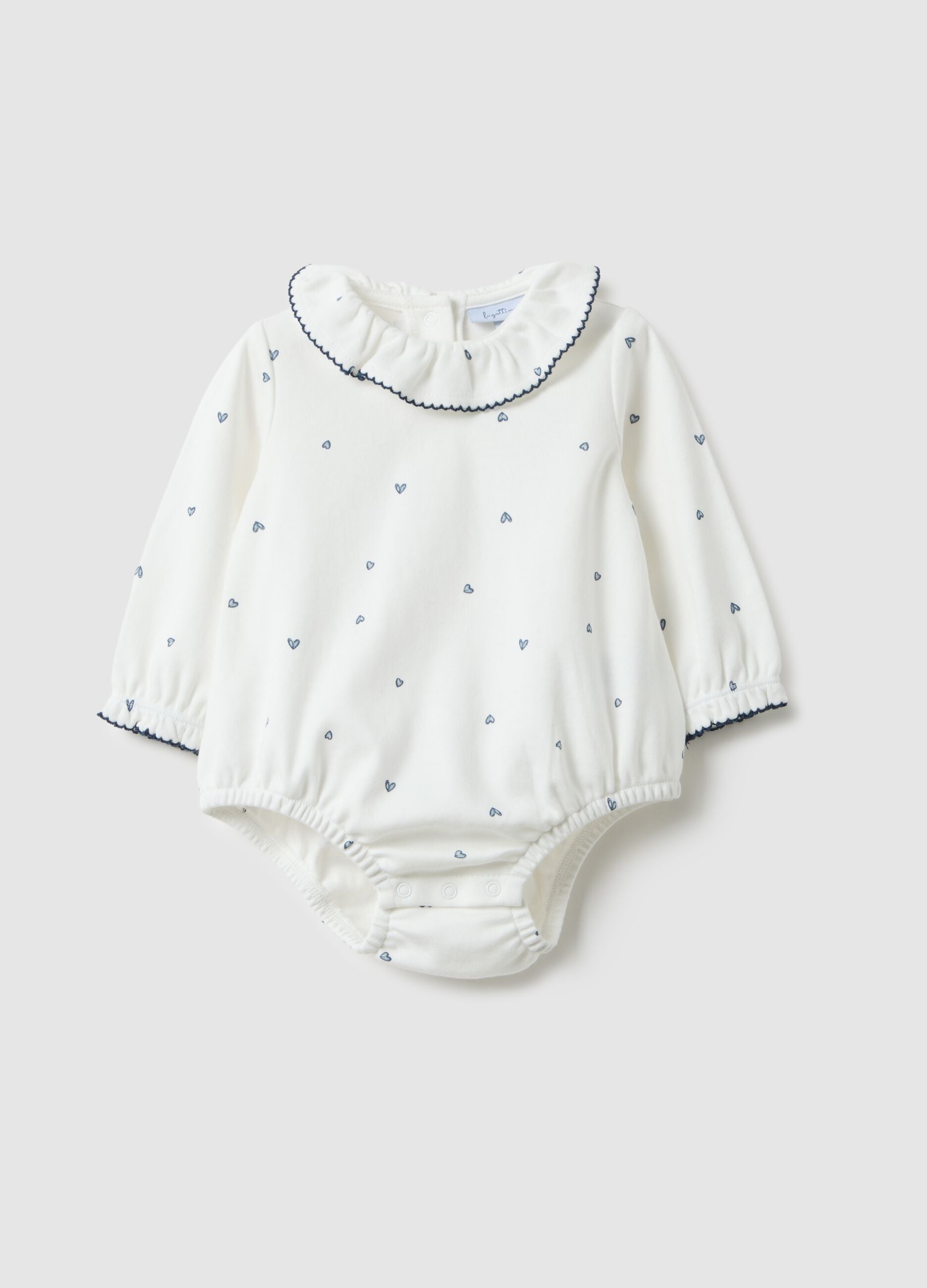 Baby girl white pure cotton bodysuit with ruffle collar and hearts