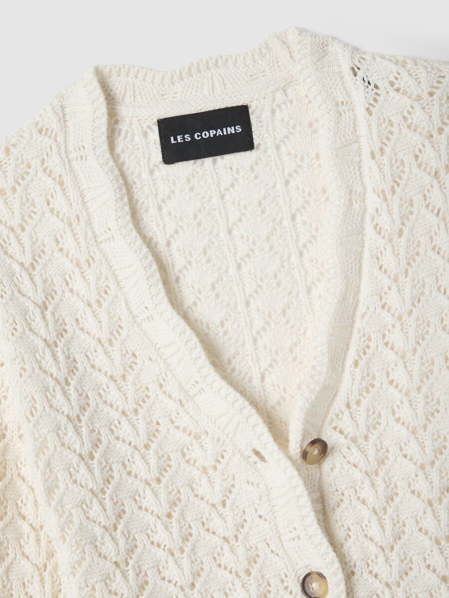 White pure cotton cardigan, regular fit deep V with openwork pattern_5